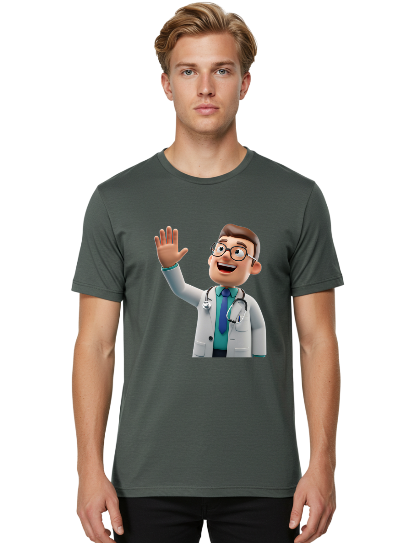 Doctor-Waving-1 Men'S Graphic Tee, 100% Cotton, Comfortable Casual Summer Wear, Machine Washable, Cartoon Doctor, Waving Hand, Friendly Gesture, Medical Professional, Stethoscope Around Neck, White Lab Coat, Blue Tie, Smiling Face, Baa484