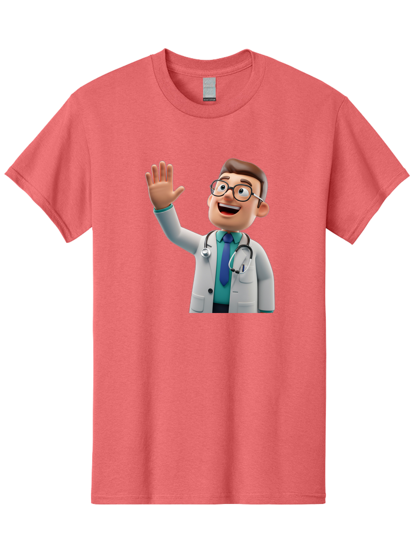 Doctor-Waving-1 Men'S Graphic Tee, 100% Cotton, Comfortable Casual Summer Wear, Machine Washable, Cartoon Doctor, Waving Hand, Friendly Gesture, Medical Professional, Stethoscope Around Neck, White Lab Coat, Blue Tie, Smiling Face, Baa484