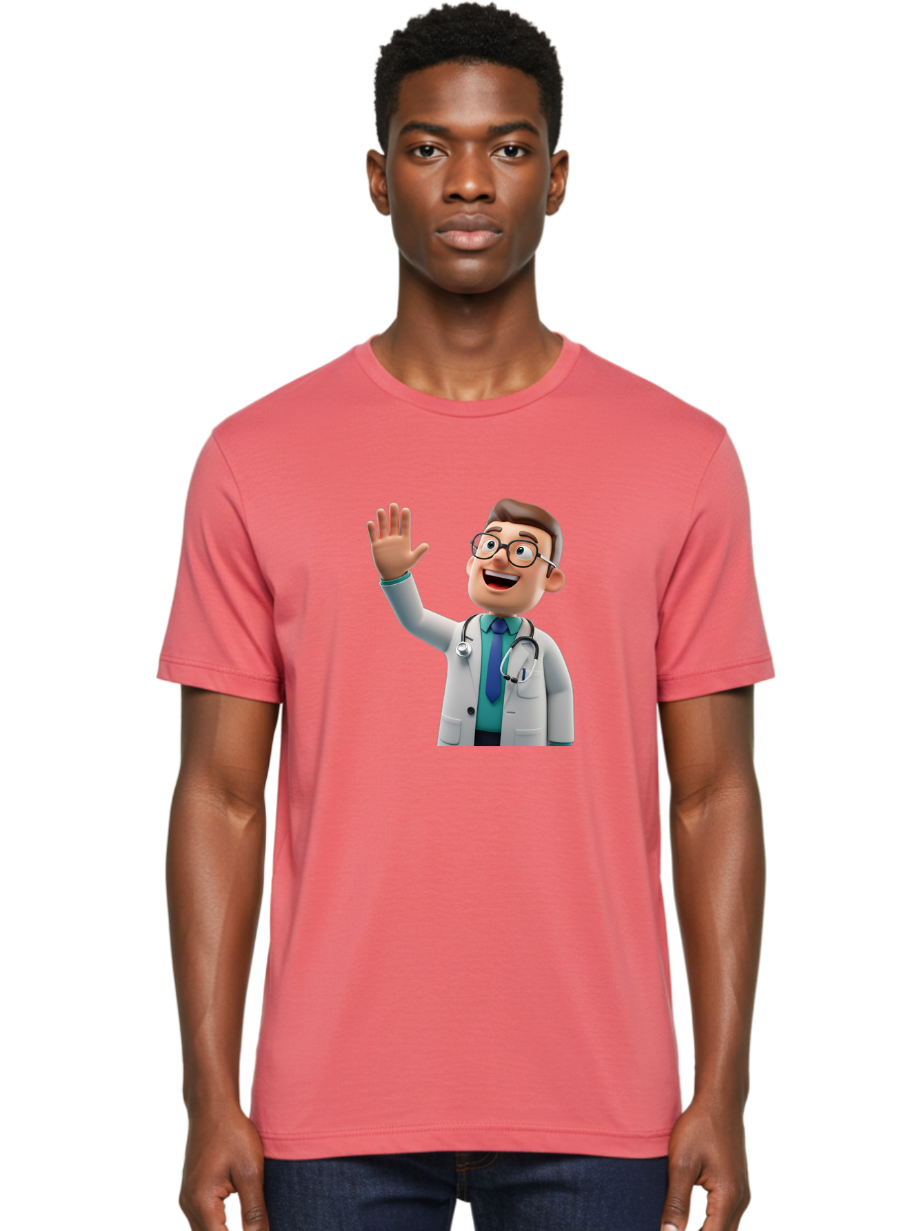 Doctor-Waving-1 Men'S Graphic Tee, 100% Cotton, Comfortable Casual Summer Wear, Machine Washable, Cartoon Doctor, Waving Hand, Friendly Gesture, Medical Professional, Stethoscope Around Neck, White Lab Coat, Blue Tie, Smiling Face, Baa484