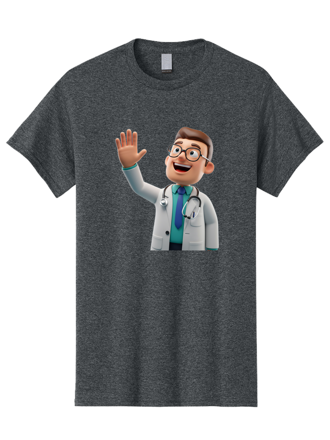 Doctor-Waving-1 Men'S Graphic Tee, 100% Cotton, Comfortable Casual Summer Wear, Machine Washable, Cartoon Doctor, Waving Hand, Friendly Gesture, Medical Professional, Stethoscope Around Neck, White Lab Coat, Blue Tie, Smiling Face, Baa484