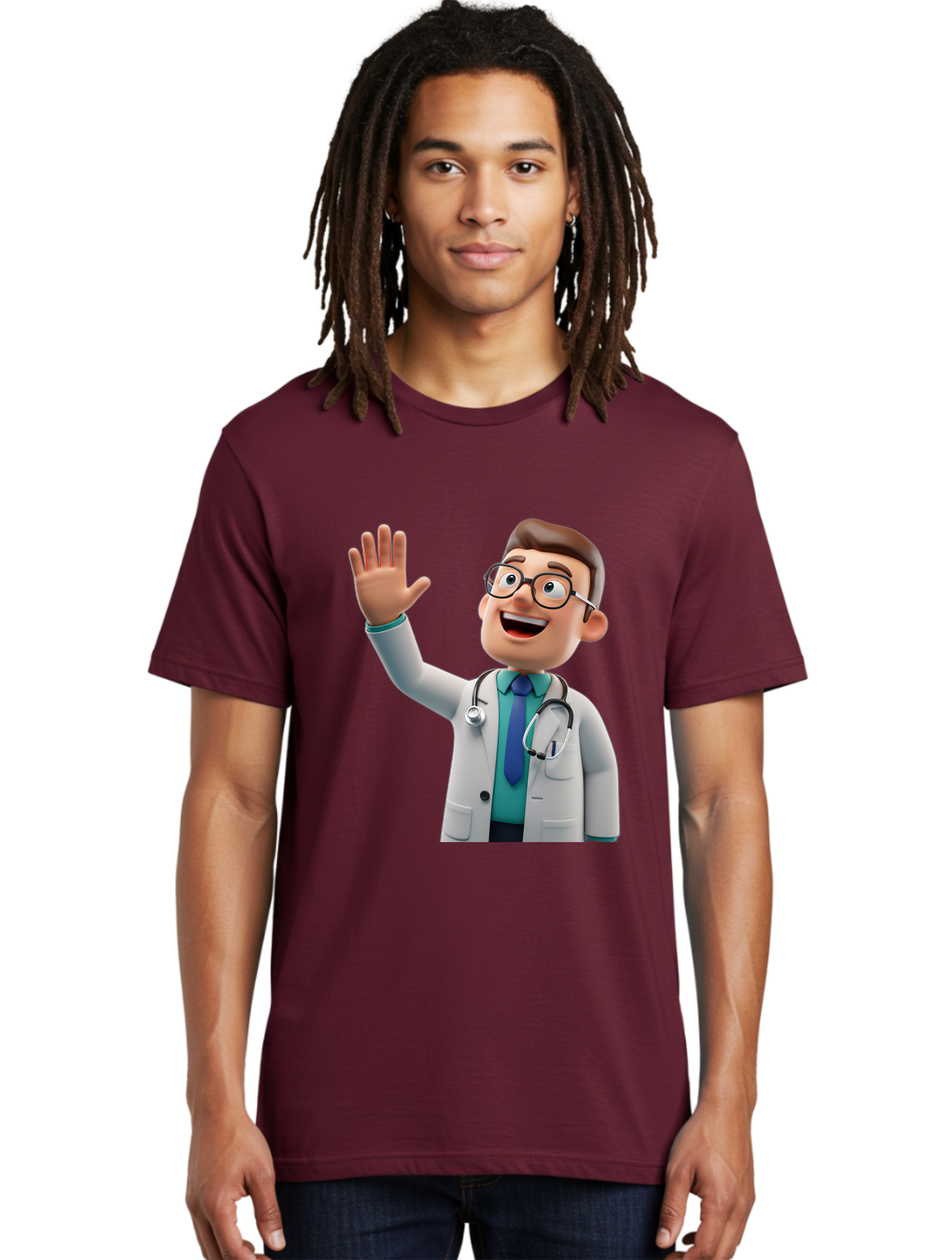 Doctor-Waving-1 Men'S Graphic Tee, 100% Cotton, Comfortable Casual Summer Wear, Machine Washable, Cartoon Doctor, Waving Hand, Friendly Gesture, Medical Professional, Stethoscope Around Neck, White Lab Coat, Blue Tie, Smiling Face, Baa484