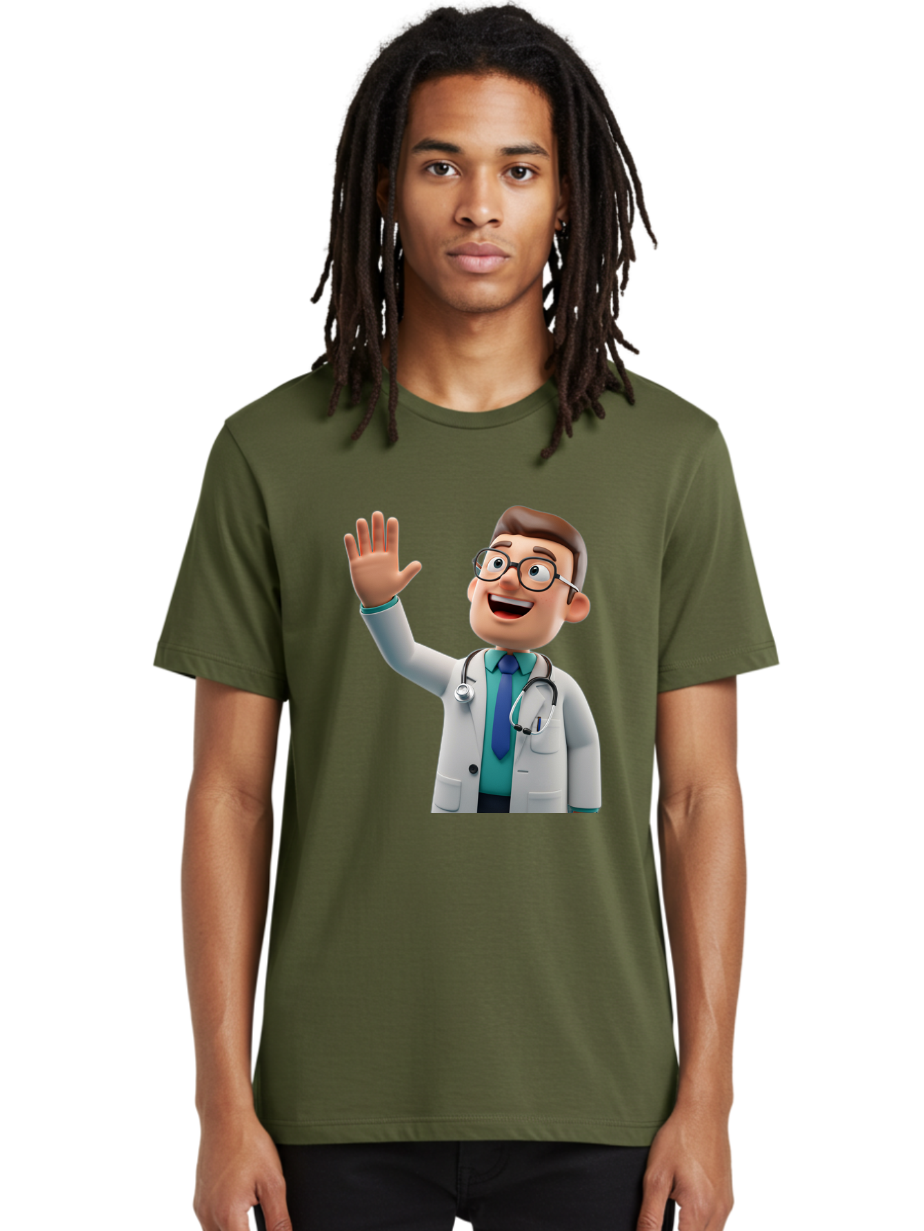 Doctor-Waving-1 Men'S Graphic Tee, 100% Cotton, Comfortable Casual Summer Wear, Machine Washable, Cartoon Doctor, Waving Hand, Friendly Gesture, Medical Professional, Stethoscope Around Neck, White Lab Coat, Blue Tie, Smiling Face, Baa484