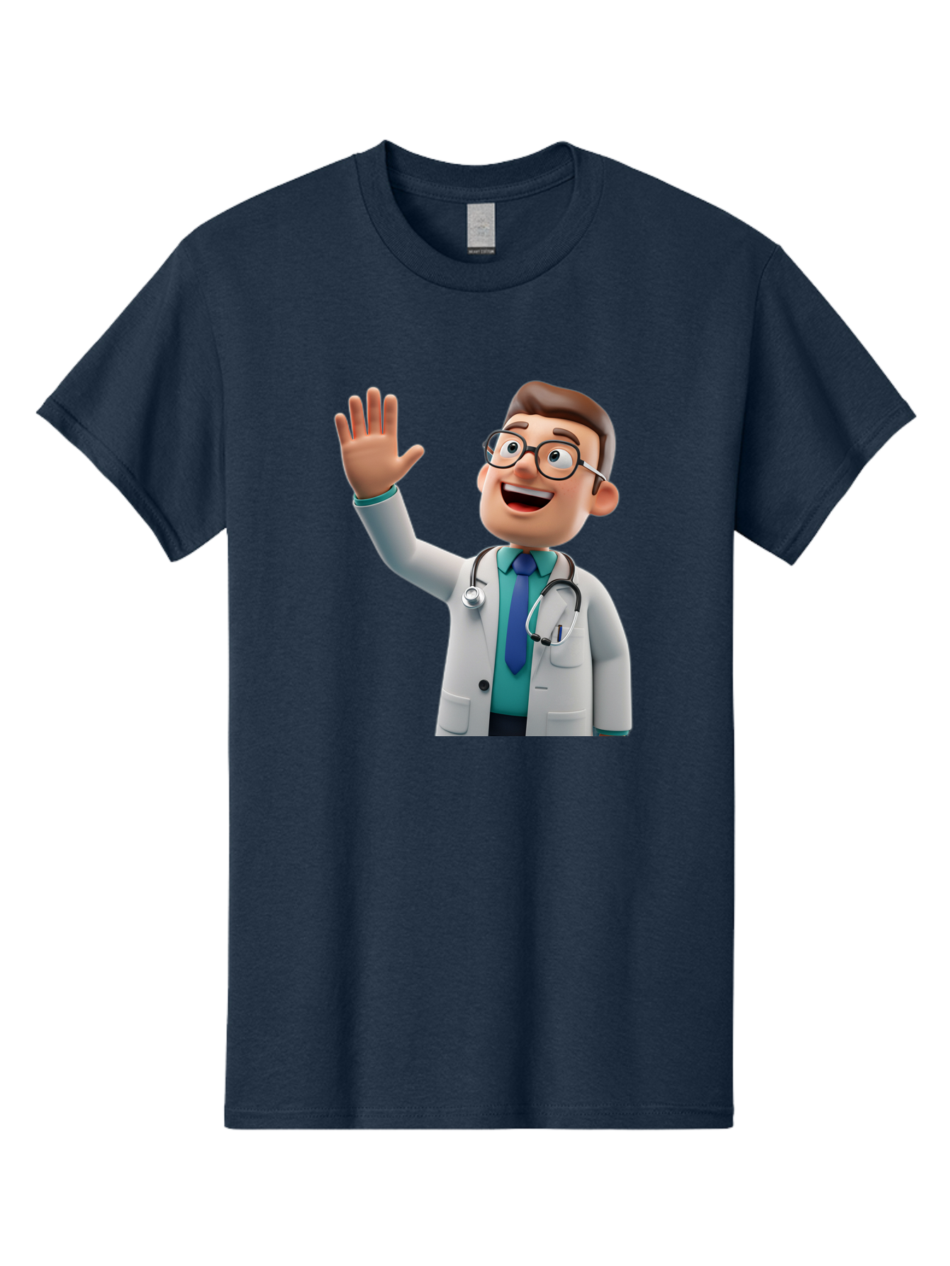 Doctor-Waving-1 Men'S Graphic Tee, 100% Cotton, Comfortable Casual Summer Wear, Machine Washable, Cartoon Doctor, Waving Hand, Friendly Gesture, Medical Professional, Stethoscope Around Neck, White Lab Coat, Blue Tie, Smiling Face, Baa484