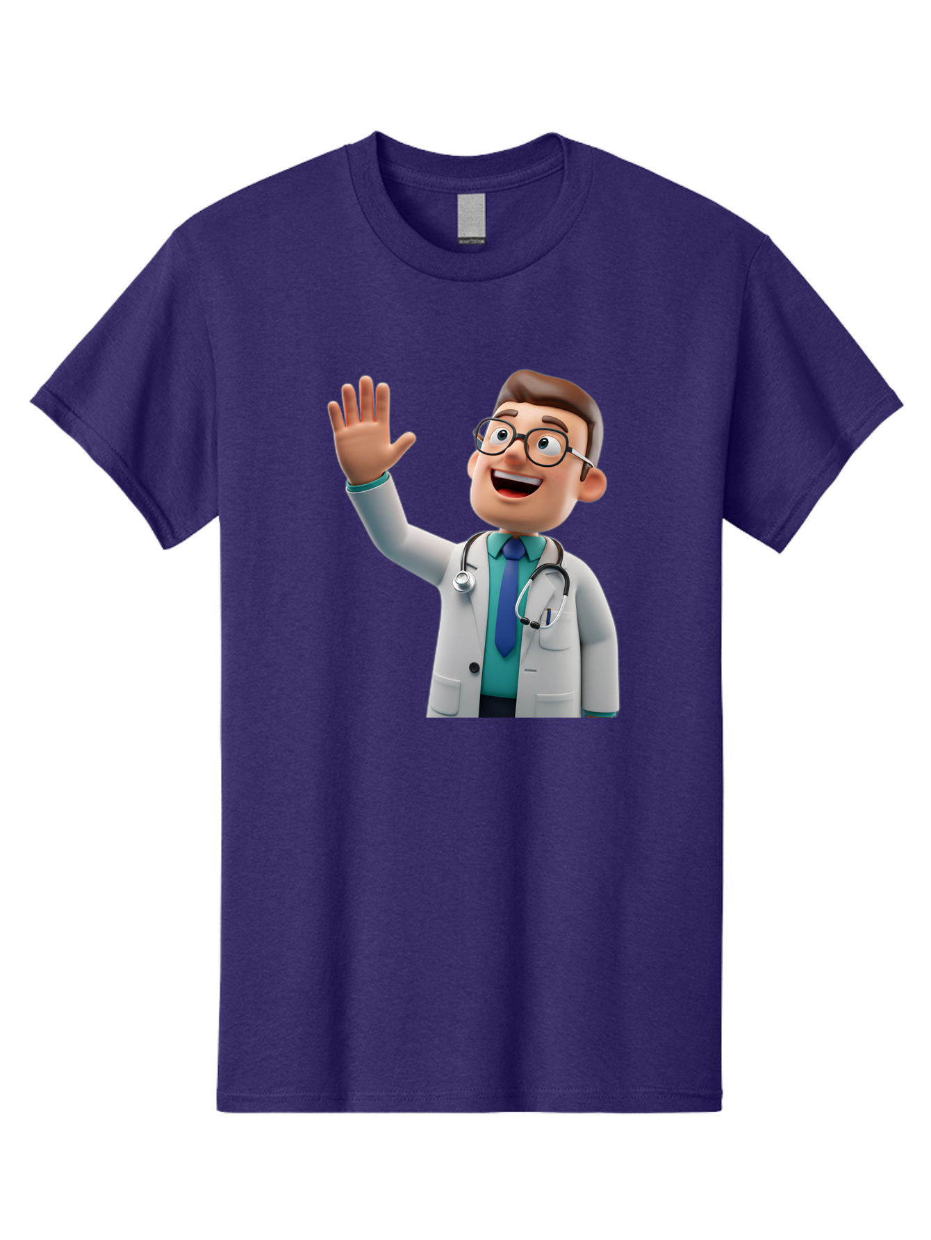 Doctor-Waving-1 Men'S Graphic Tee, 100% Cotton, Comfortable Casual Summer Wear, Machine Washable, Cartoon Doctor, Waving Hand, Friendly Gesture, Medical Professional, Stethoscope Around Neck, White Lab Coat, Blue Tie, Smiling Face, Baa484