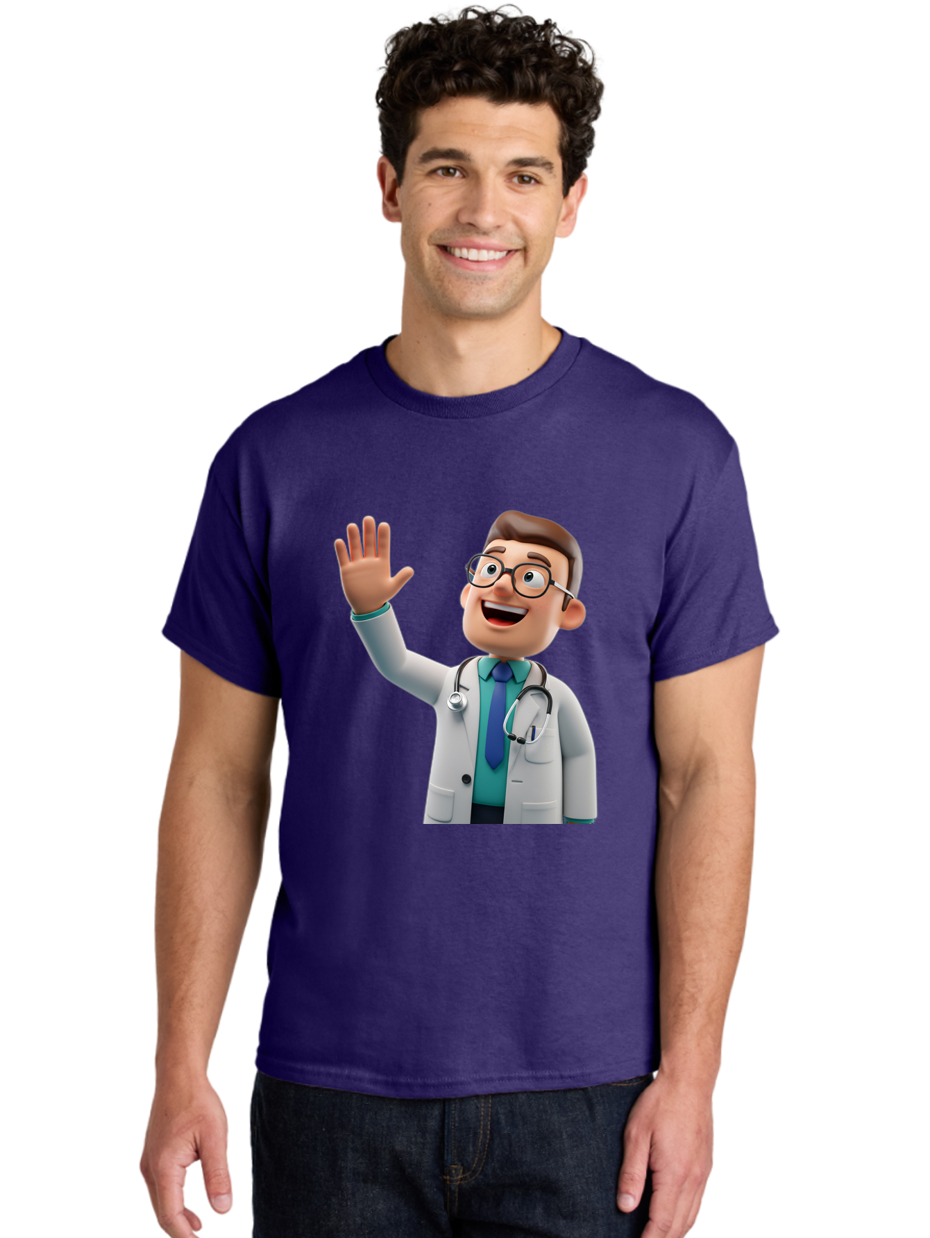 Doctor-Waving-1 Men'S Graphic Tee, 100% Cotton, Comfortable Casual Summer Wear, Machine Washable, Cartoon Doctor, Waving Hand, Friendly Gesture, Medical Professional, Stethoscope Around Neck, White Lab Coat, Blue Tie, Smiling Face, Baa484