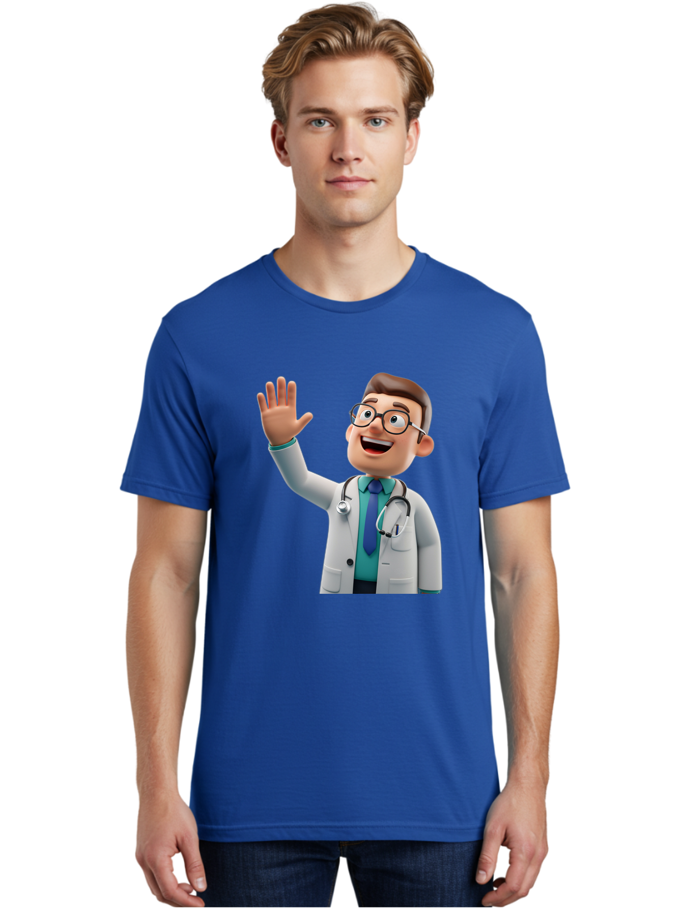 Doctor-Waving-1 Men'S Graphic Tee, 100% Cotton, Comfortable Casual Summer Wear, Machine Washable, Cartoon Doctor, Waving Hand, Friendly Gesture, Medical Professional, Stethoscope Around Neck, White Lab Coat, Blue Tie, Smiling Face, Baa484