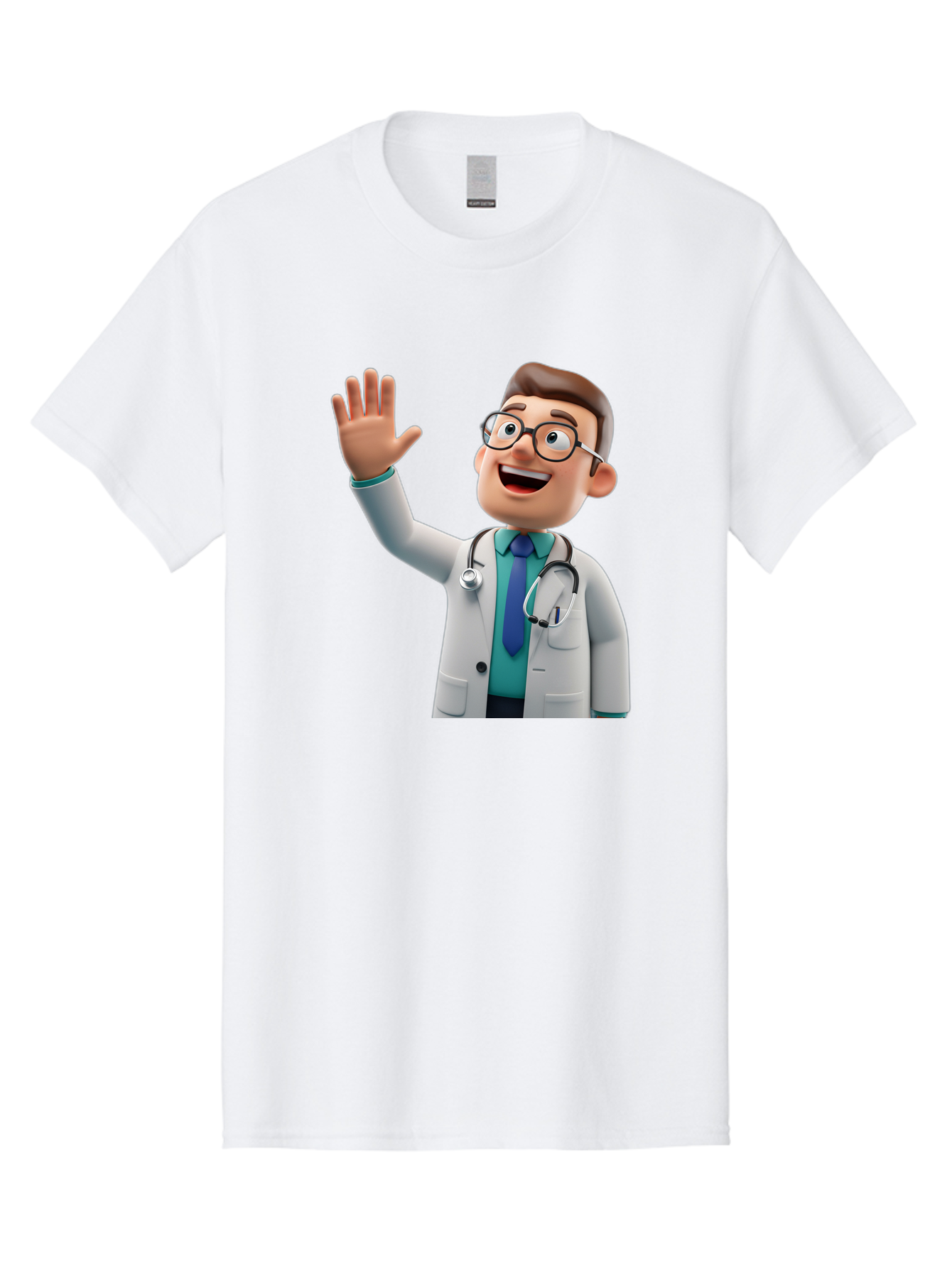 Doctor-Waving-1 Men'S Graphic Tee, 100% Cotton, Comfortable Casual Summer Wear, Machine Washable, Cartoon Doctor, Waving Hand, Friendly Gesture, Medical Professional, Stethoscope Around Neck, White Lab Coat, Blue Tie, Smiling Face, Baa484