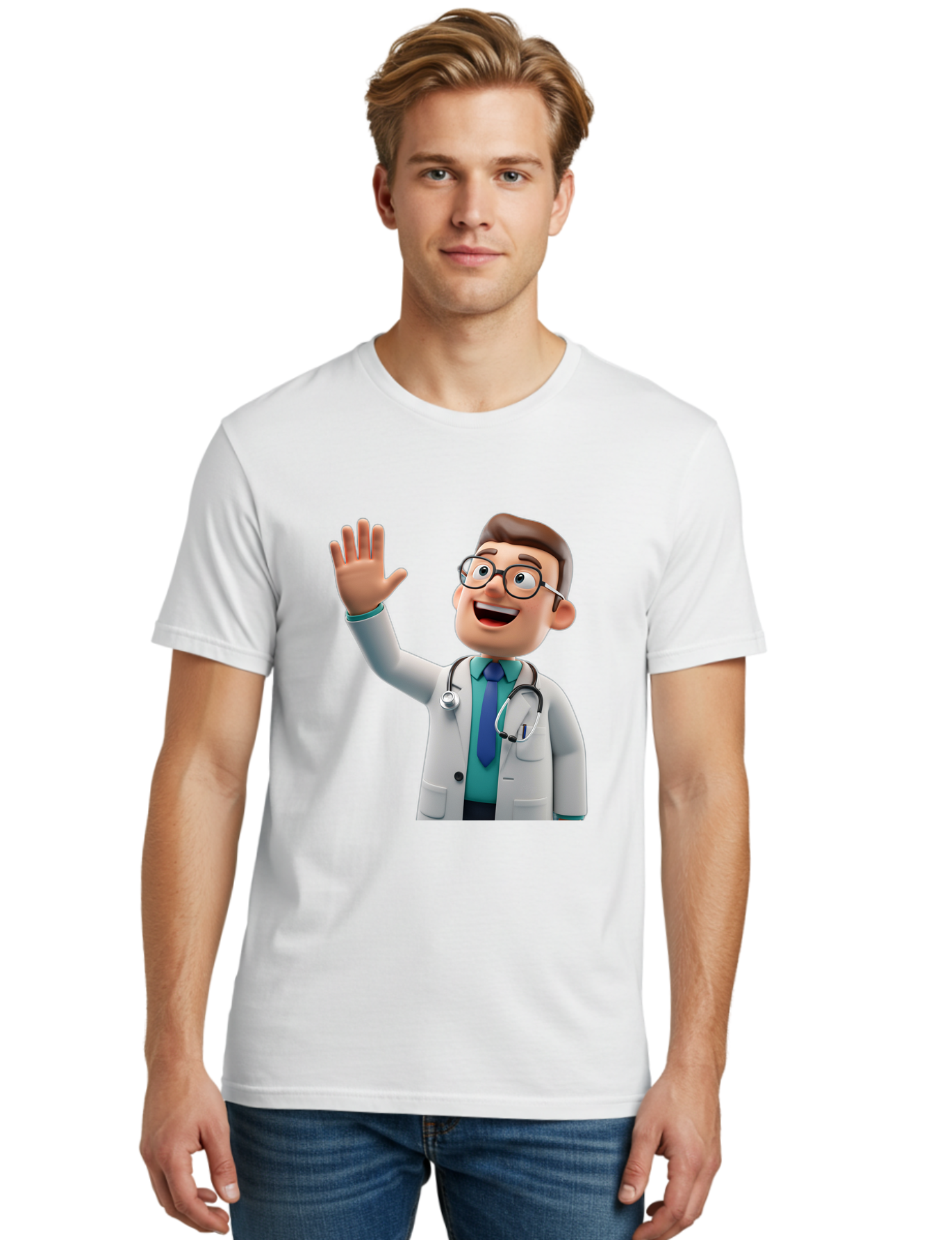 Doctor-Waving-1 Men'S Graphic Tee, 100% Cotton, Comfortable Casual Summer Wear, Machine Washable, Cartoon Doctor, Waving Hand, Friendly Gesture, Medical Professional, Stethoscope Around Neck, White Lab Coat, Blue Tie, Smiling Face, Baa484