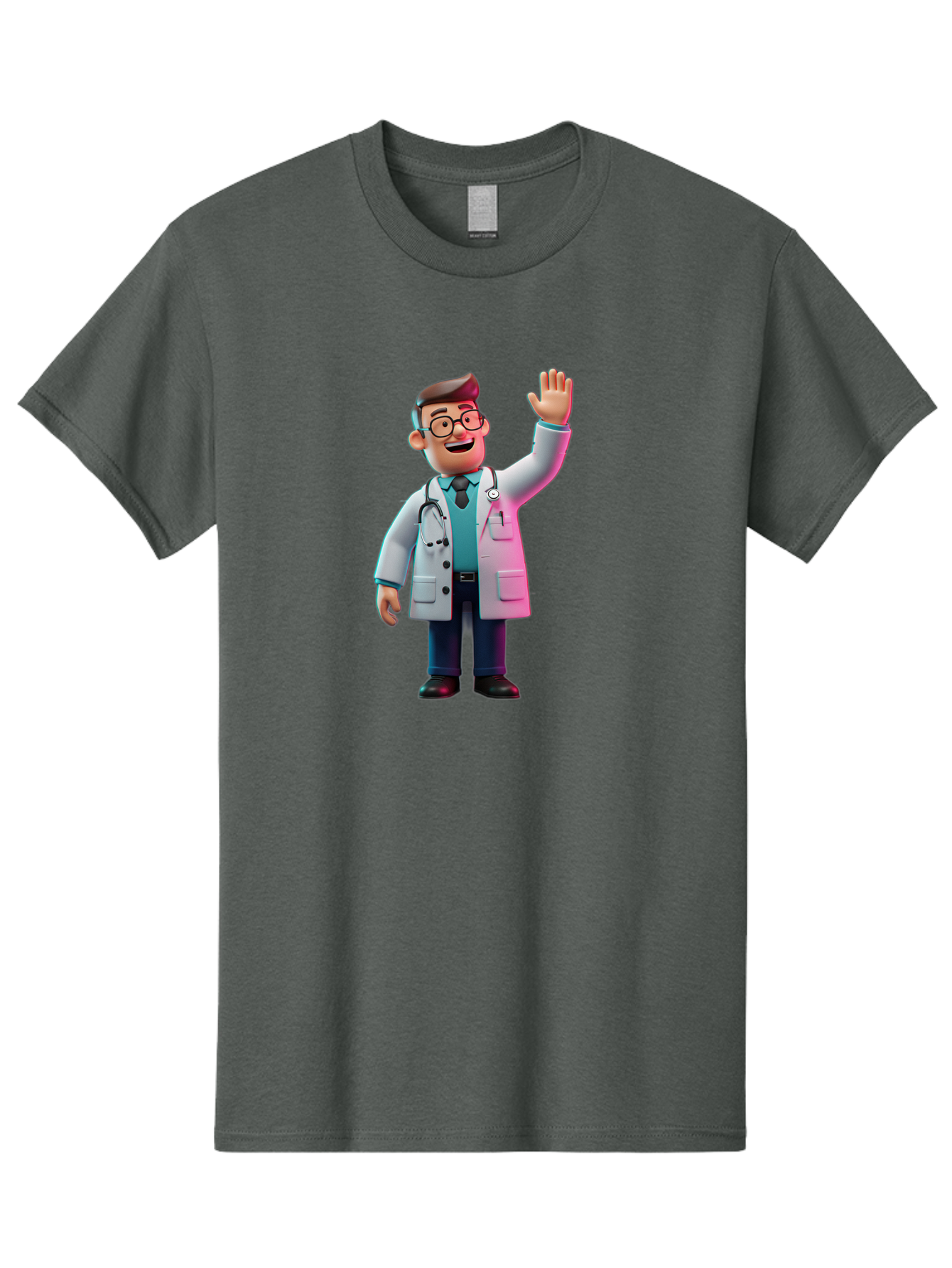 Doctor-Waving-2 Men'S Graphic Tee, 100% Cotton, Comfortable Casual Summer Wear, Machine Washable, Cartoon Doctor, 3D Illustration, Male Physician, Stethoscope Around Neck, White Lab Coat, Friendly Wave, Medical Professional, Healthcare Worker, Baa485