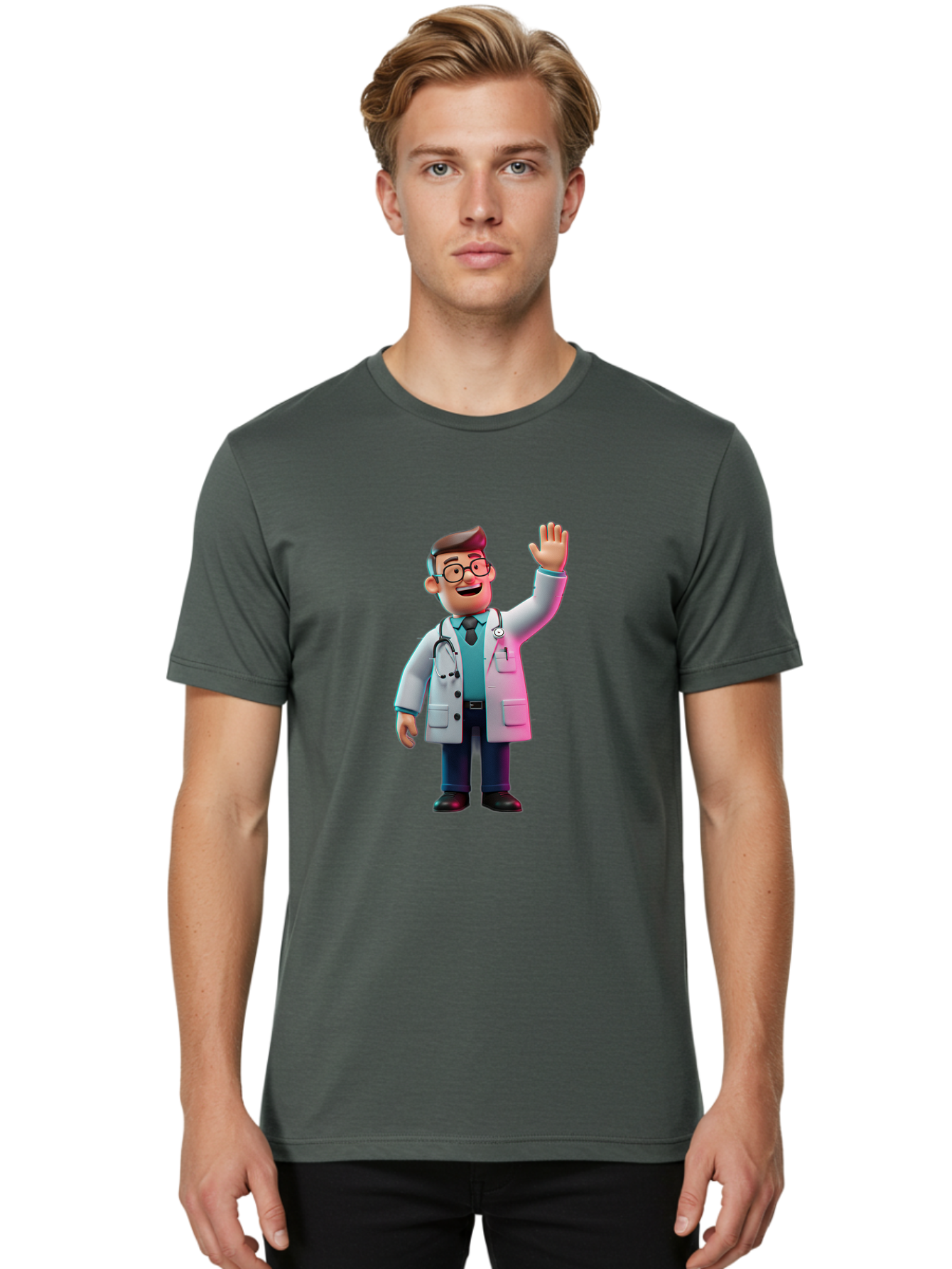 Doctor-Waving-2 Men'S Graphic Tee, 100% Cotton, Comfortable Casual Summer Wear, Machine Washable, Cartoon Doctor, 3D Illustration, Male Physician, Stethoscope Around Neck, White Lab Coat, Friendly Wave, Medical Professional, Healthcare Worker, Baa485