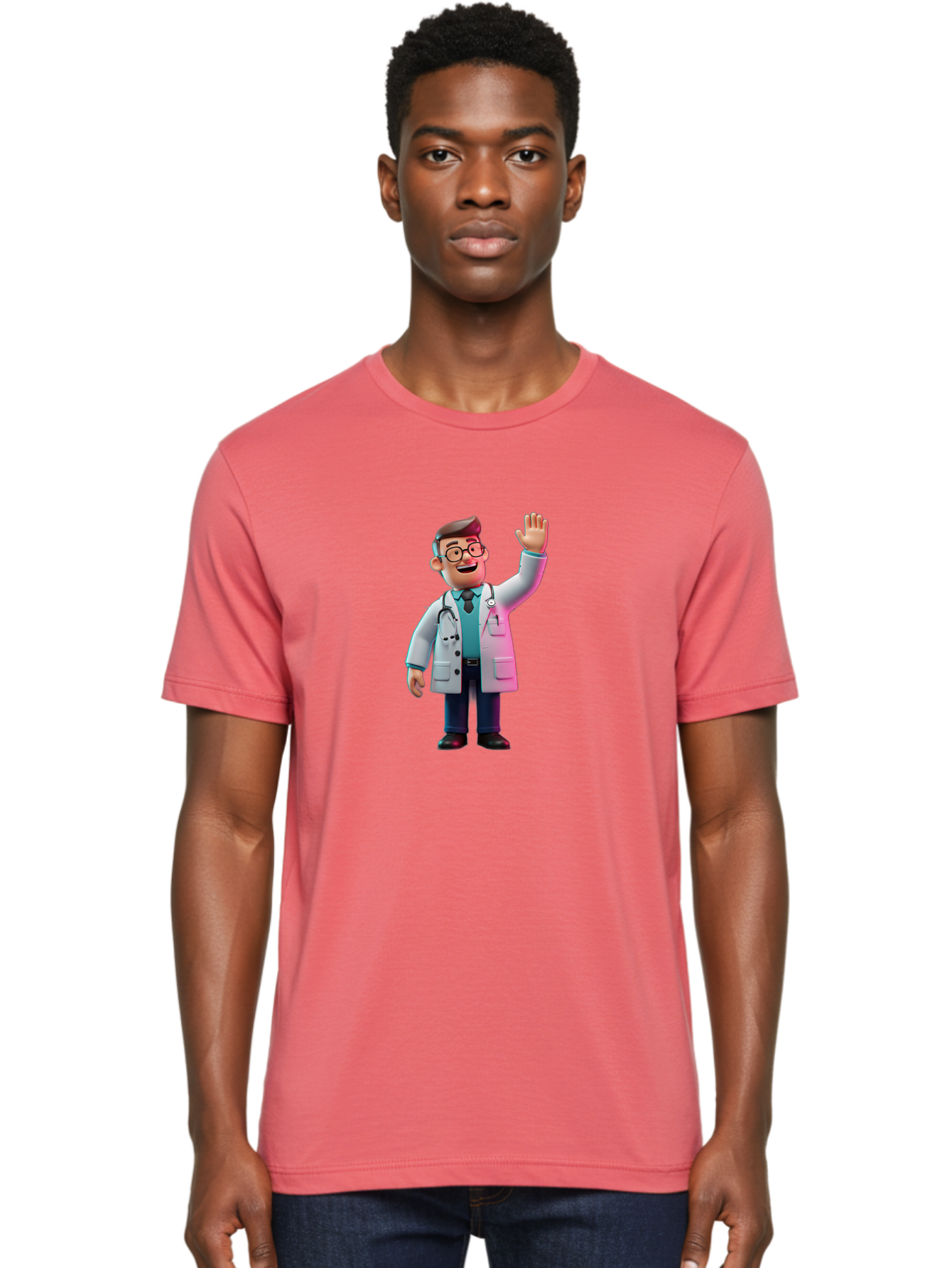 Doctor-Waving-2 Men'S Graphic Tee, 100% Cotton, Comfortable Casual Summer Wear, Machine Washable, Cartoon Doctor, 3D Illustration, Male Physician, Stethoscope Around Neck, White Lab Coat, Friendly Wave, Medical Professional, Healthcare Worker, Baa485