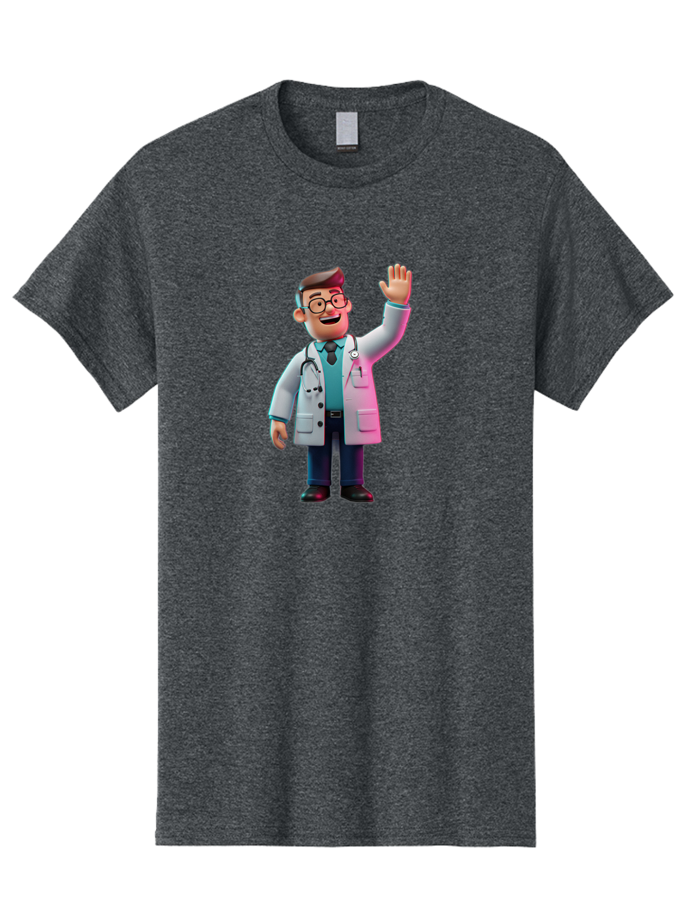Doctor-Waving-2 Men'S Graphic Tee, 100% Cotton, Comfortable Casual Summer Wear, Machine Washable, Cartoon Doctor, 3D Illustration, Male Physician, Stethoscope Around Neck, White Lab Coat, Friendly Wave, Medical Professional, Healthcare Worker, Baa485