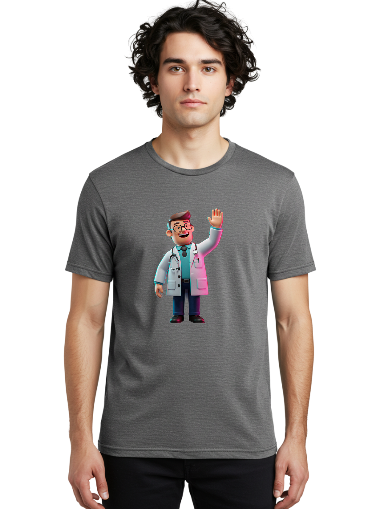 Doctor-Waving-2 Men'S Graphic Tee, 100% Cotton, Comfortable Casual Summer Wear, Machine Washable, Cartoon Doctor, 3D Illustration, Male Physician, Stethoscope Around Neck, White Lab Coat, Friendly Wave, Medical Professional, Healthcare Worker, Baa485
