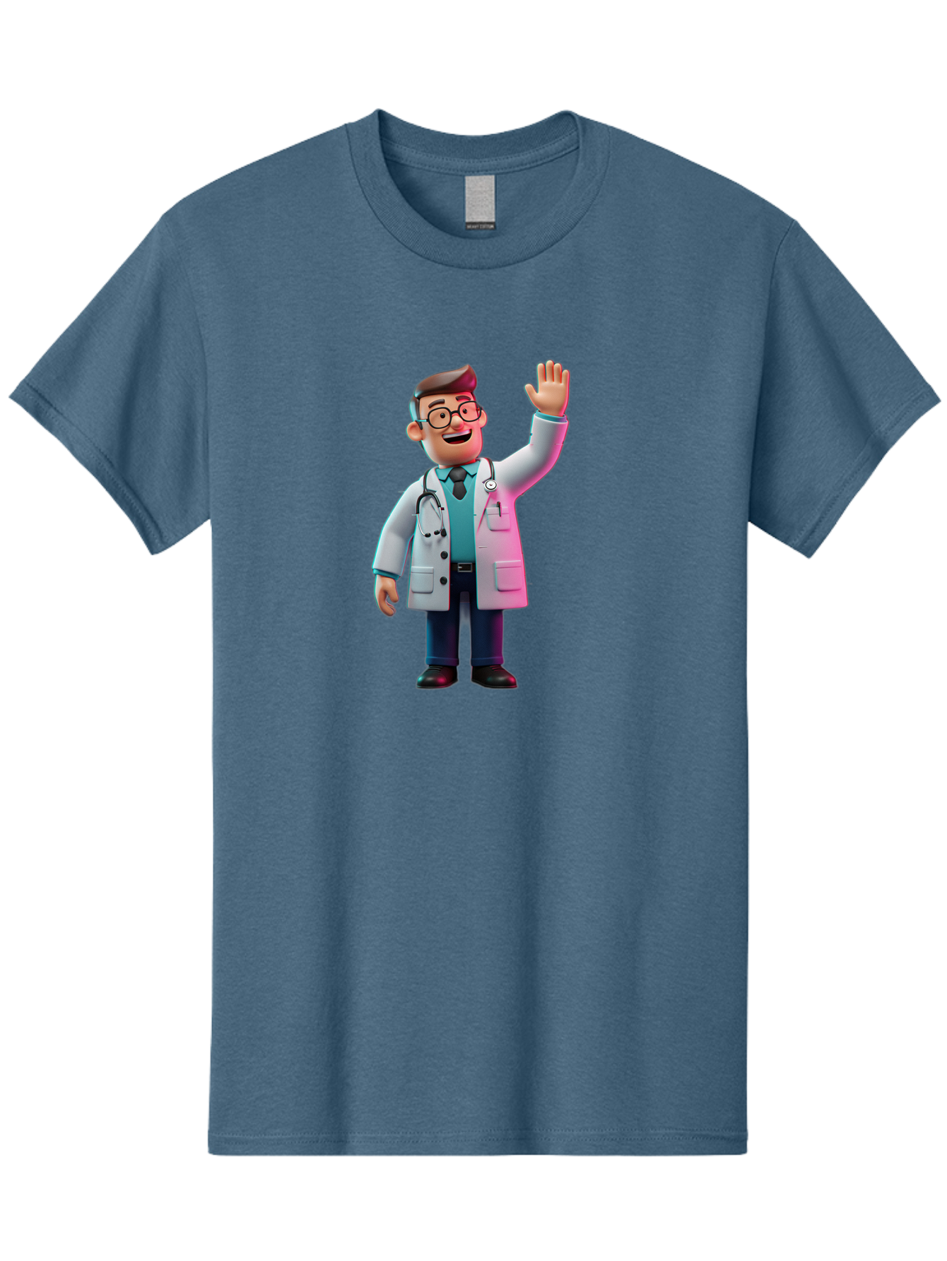 Doctor-Waving-2 Men'S Graphic Tee, 100% Cotton, Comfortable Casual Summer Wear, Machine Washable, Cartoon Doctor, 3D Illustration, Male Physician, Stethoscope Around Neck, White Lab Coat, Friendly Wave, Medical Professional, Healthcare Worker, Baa485