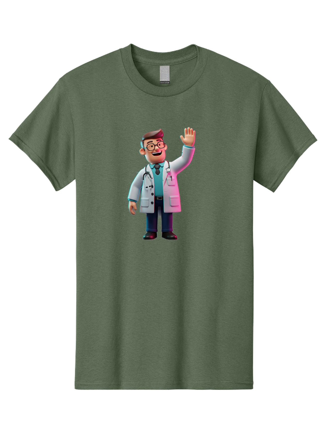 Doctor-Waving-2 Men'S Graphic Tee, 100% Cotton, Comfortable Casual Summer Wear, Machine Washable, Cartoon Doctor, 3D Illustration, Male Physician, Stethoscope Around Neck, White Lab Coat, Friendly Wave, Medical Professional, Healthcare Worker, Baa485