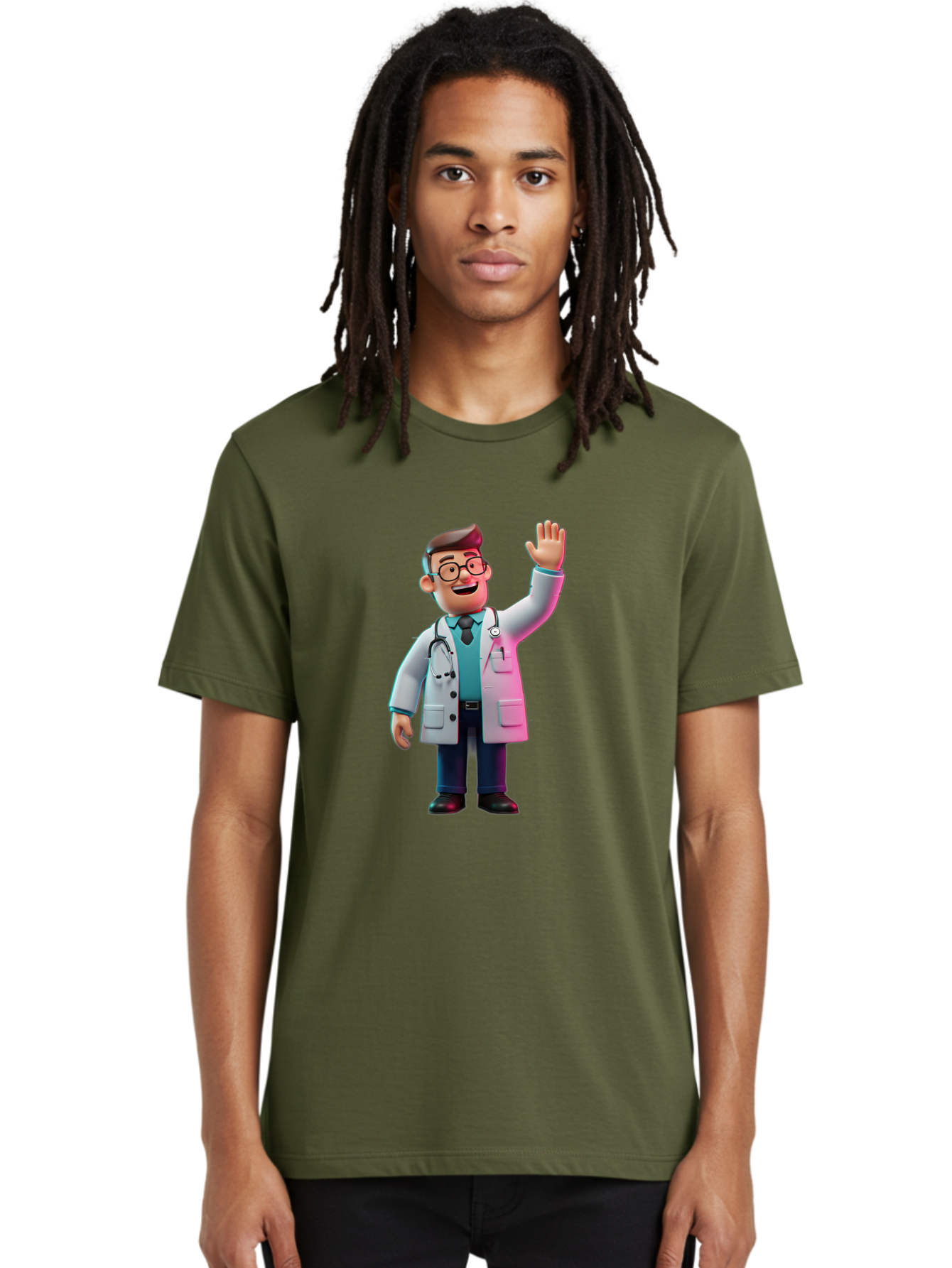 Doctor-Waving-2 Men'S Graphic Tee, 100% Cotton, Comfortable Casual Summer Wear, Machine Washable, Cartoon Doctor, 3D Illustration, Male Physician, Stethoscope Around Neck, White Lab Coat, Friendly Wave, Medical Professional, Healthcare Worker, Baa485