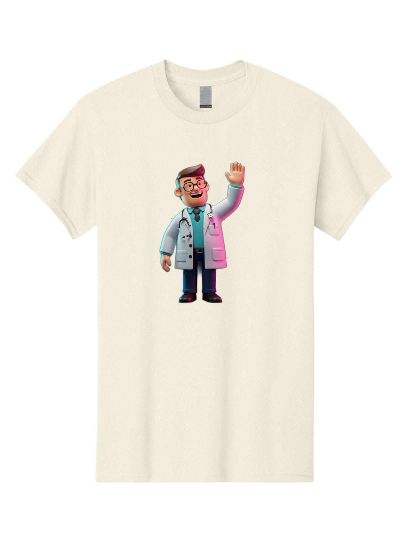 Doctor-Waving-2 Men'S Graphic Tee, 100% Cotton, Comfortable Casual Summer Wear, Machine Washable, Cartoon Doctor, 3D Illustration, Male Physician, Stethoscope Around Neck, White Lab Coat, Friendly Wave, Medical Professional, Healthcare Worker, Baa485