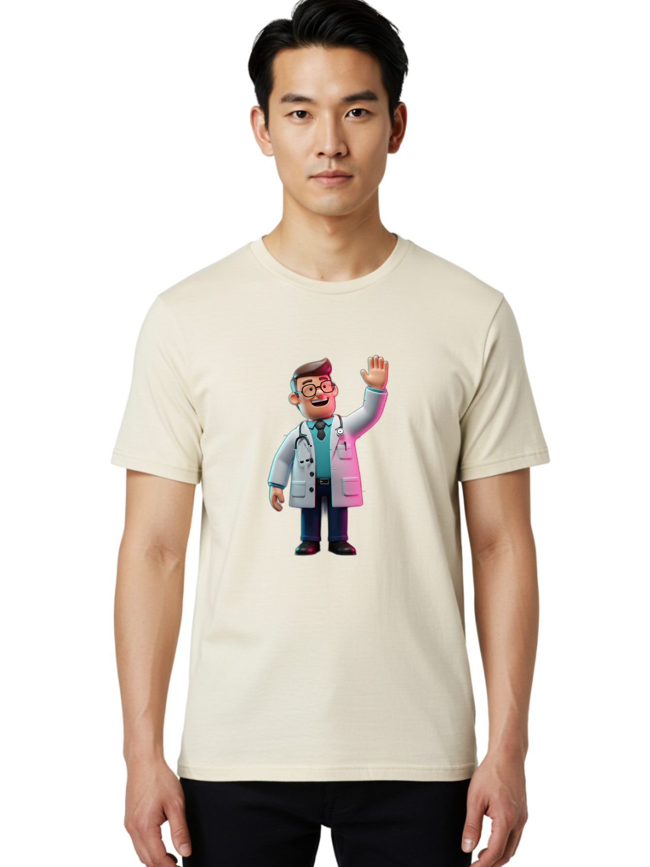 Doctor-Waving-2 Men'S Graphic Tee, 100% Cotton, Comfortable Casual Summer Wear, Machine Washable, Cartoon Doctor, 3D Illustration, Male Physician, Stethoscope Around Neck, White Lab Coat, Friendly Wave, Medical Professional, Healthcare Worker, Baa485