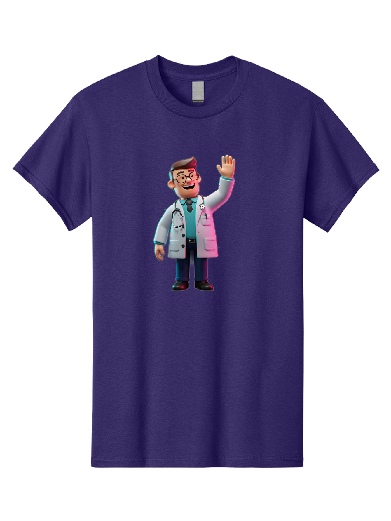 Doctor-Waving-2 Men'S Graphic Tee, 100% Cotton, Comfortable Casual Summer Wear, Machine Washable, Cartoon Doctor, 3D Illustration, Male Physician, Stethoscope Around Neck, White Lab Coat, Friendly Wave, Medical Professional, Healthcare Worker, Baa485