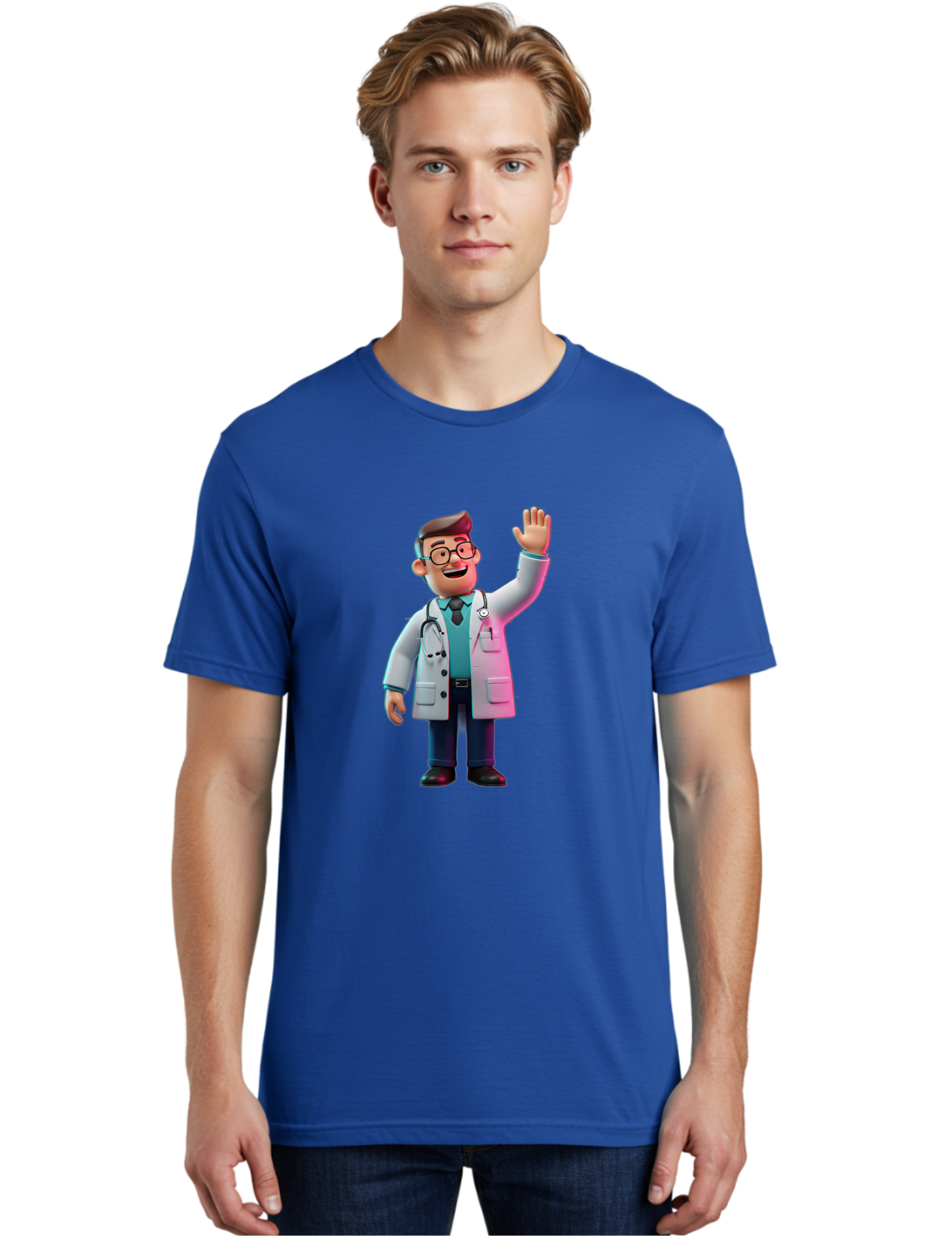 Doctor-Waving-2 Men'S Graphic Tee, 100% Cotton, Comfortable Casual Summer Wear, Machine Washable, Cartoon Doctor, 3D Illustration, Male Physician, Stethoscope Around Neck, White Lab Coat, Friendly Wave, Medical Professional, Healthcare Worker, Baa485