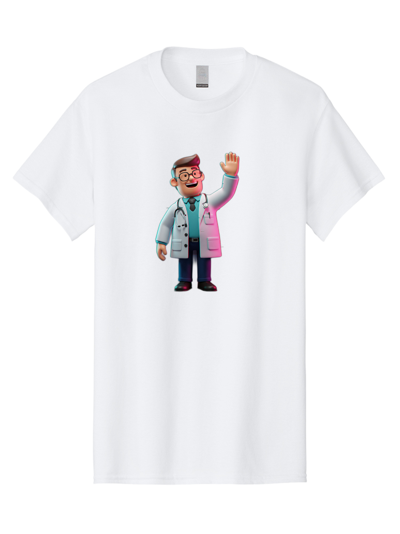 Doctor-Waving-2 Men'S Graphic Tee, 100% Cotton, Comfortable Casual Summer Wear, Machine Washable, Cartoon Doctor, 3D Illustration, Male Physician, Stethoscope Around Neck, White Lab Coat, Friendly Wave, Medical Professional, Healthcare Worker, Baa485