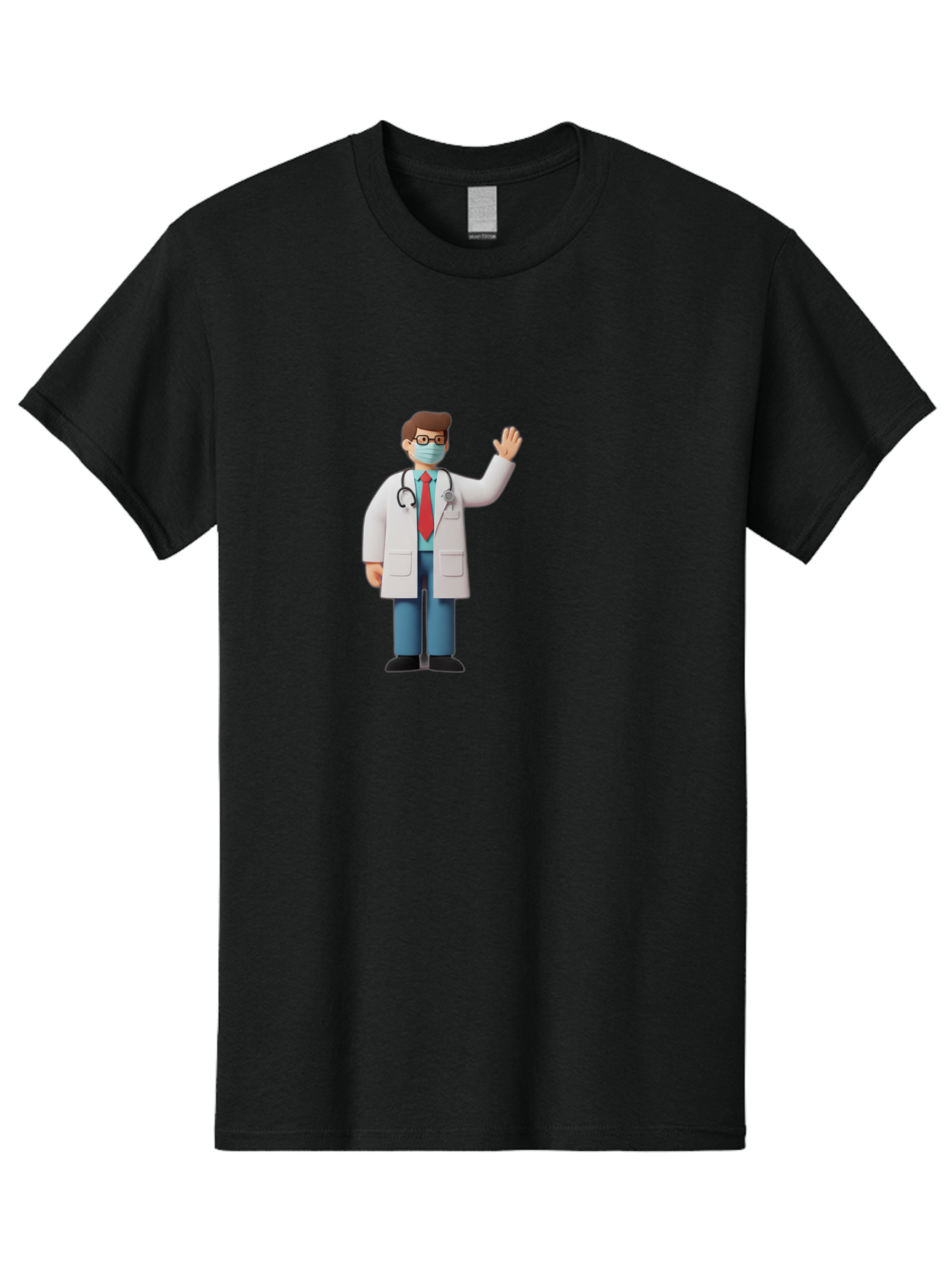 Doctor-Waving-3 Men'S Graphic Tee, 100% Cotton, Comfortable Casual Summer Wear, Machine Washable, Doctor Wearing A Mask, Waving Hand, Medical Professional, Healthcare Worker, Stethoscope Around Neck, Friendly Gesture, Cartoon Style, Baa486