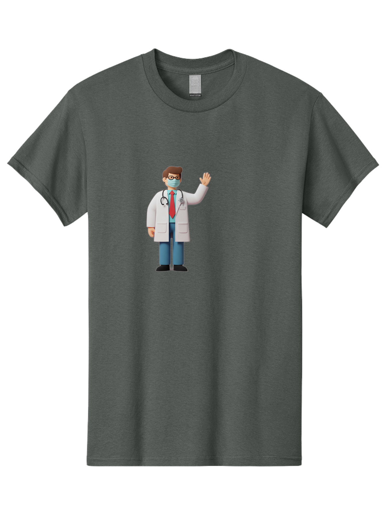 Doctor-Waving-3 Men'S Graphic Tee, 100% Cotton, Comfortable Casual Summer Wear, Machine Washable, Doctor Wearing A Mask, Waving Hand, Medical Professional, Healthcare Worker, Stethoscope Around Neck, Friendly Gesture, Cartoon Style, Baa486