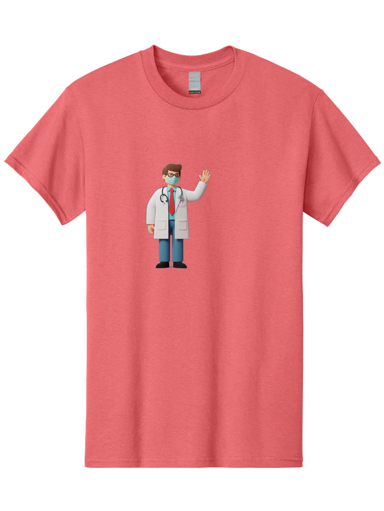 Doctor-Waving-3 Men'S Graphic Tee, 100% Cotton, Comfortable Casual Summer Wear, Machine Washable, Doctor Wearing A Mask, Waving Hand, Medical Professional, Healthcare Worker, Stethoscope Around Neck, Friendly Gesture, Cartoon Style, Baa486
