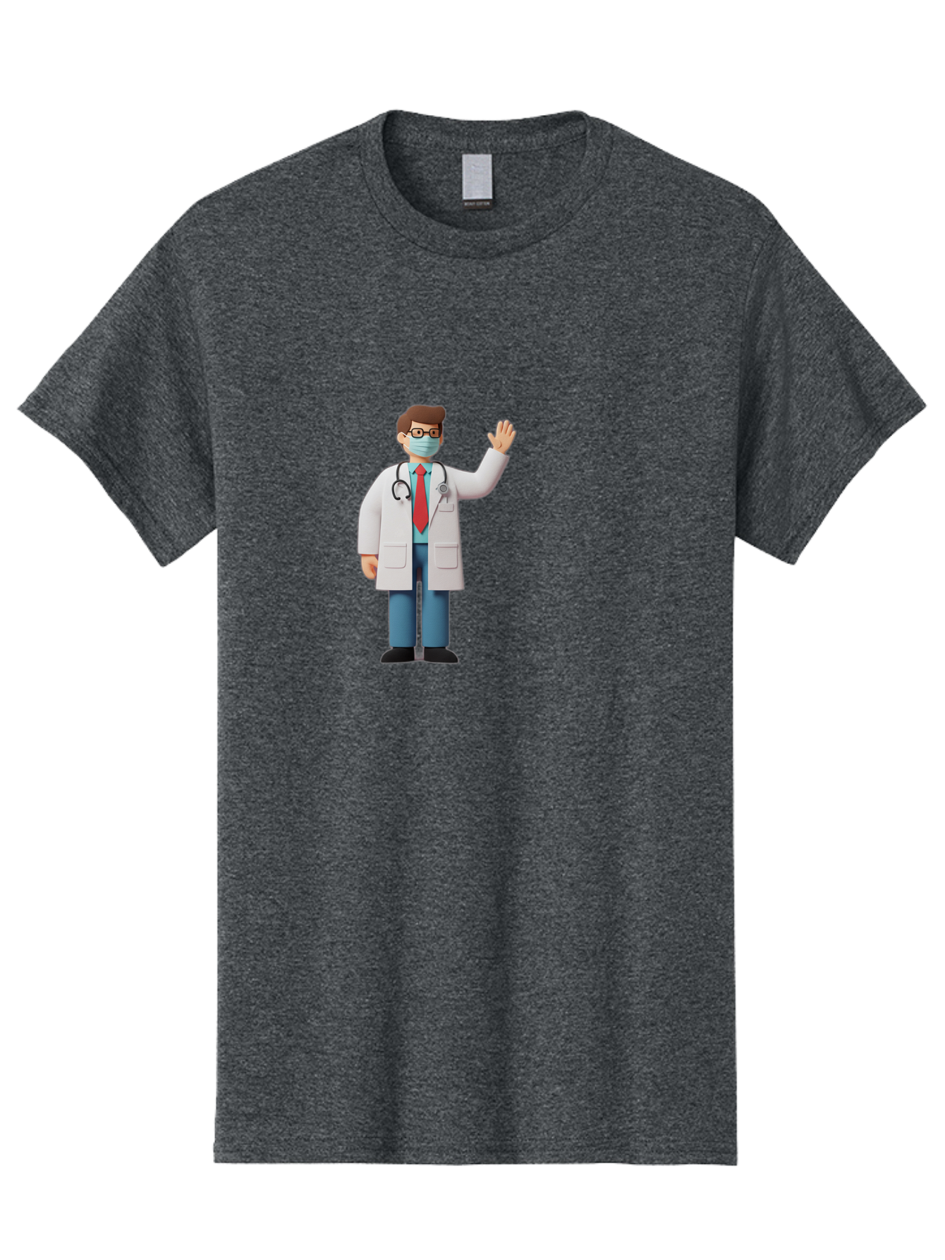 Doctor-Waving-3 Men'S Graphic Tee, 100% Cotton, Comfortable Casual Summer Wear, Machine Washable, Doctor Wearing A Mask, Waving Hand, Medical Professional, Healthcare Worker, Stethoscope Around Neck, Friendly Gesture, Cartoon Style, Baa486