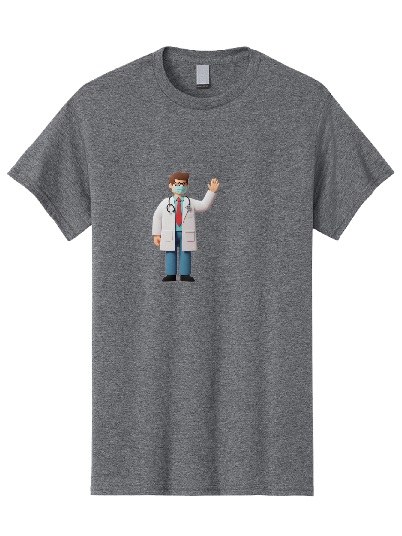 Doctor-Waving-3 Men'S Graphic Tee, 100% Cotton, Comfortable Casual Summer Wear, Machine Washable, Doctor Wearing A Mask, Waving Hand, Medical Professional, Healthcare Worker, Stethoscope Around Neck, Friendly Gesture, Cartoon Style, Baa486