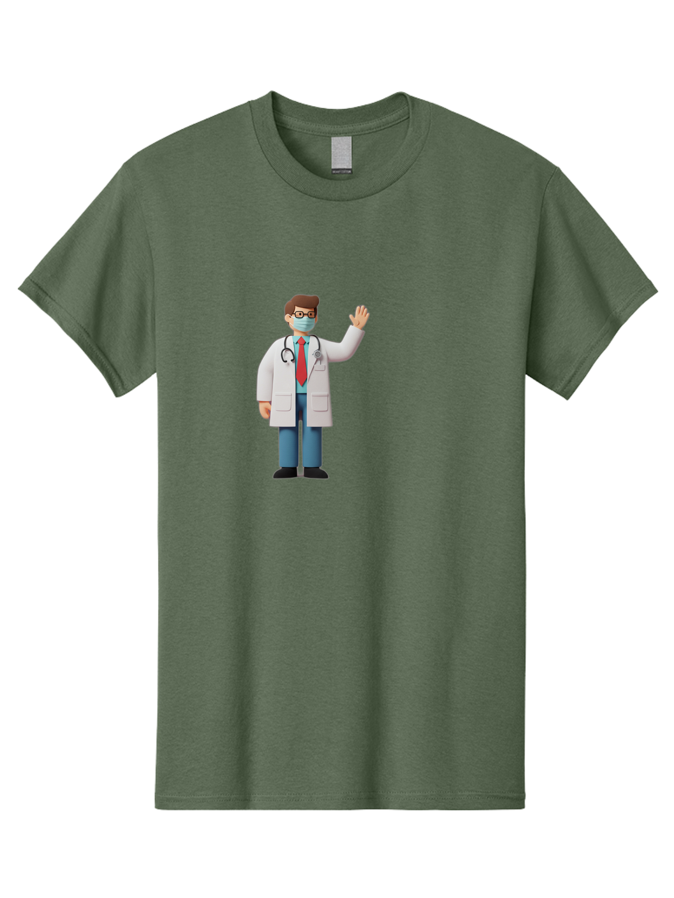 Doctor-Waving-3 Men'S Graphic Tee, 100% Cotton, Comfortable Casual Summer Wear, Machine Washable, Doctor Wearing A Mask, Waving Hand, Medical Professional, Healthcare Worker, Stethoscope Around Neck, Friendly Gesture, Cartoon Style, Baa486
