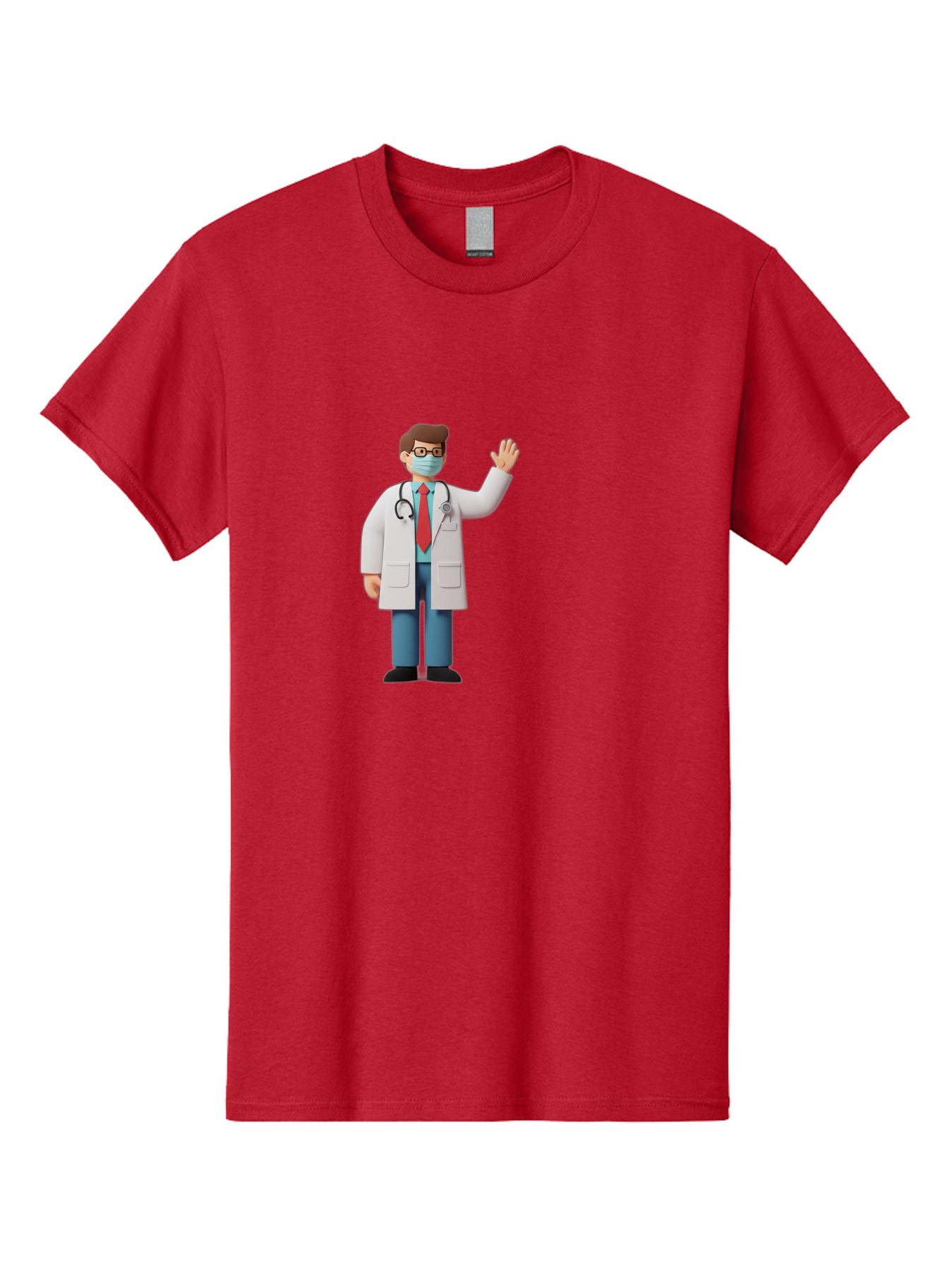 Doctor-Waving-3 Men'S Graphic Tee, 100% Cotton, Comfortable Casual Summer Wear, Machine Washable, Doctor Wearing A Mask, Waving Hand, Medical Professional, Healthcare Worker, Stethoscope Around Neck, Friendly Gesture, Cartoon Style, Baa486