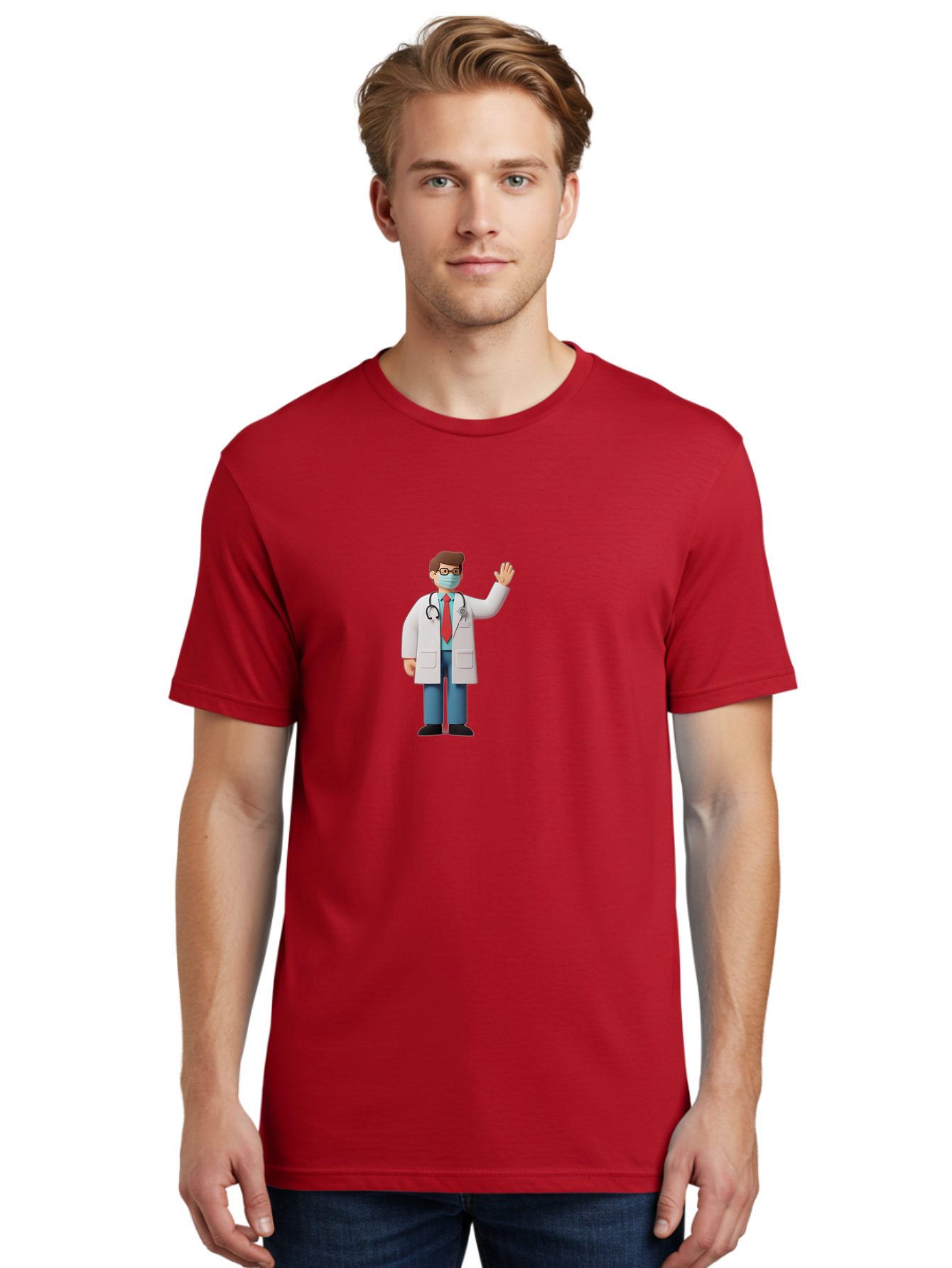 Doctor-Waving-3 Men'S Graphic Tee, 100% Cotton, Comfortable Casual Summer Wear, Machine Washable, Doctor Wearing A Mask, Waving Hand, Medical Professional, Healthcare Worker, Stethoscope Around Neck, Friendly Gesture, Cartoon Style, Baa486