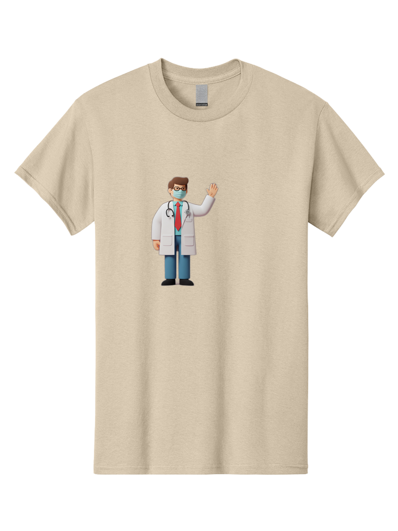 Doctor-Waving-3 Men'S Graphic Tee, 100% Cotton, Comfortable Casual Summer Wear, Machine Washable, Doctor Wearing A Mask, Waving Hand, Medical Professional, Healthcare Worker, Stethoscope Around Neck, Friendly Gesture, Cartoon Style, Baa486