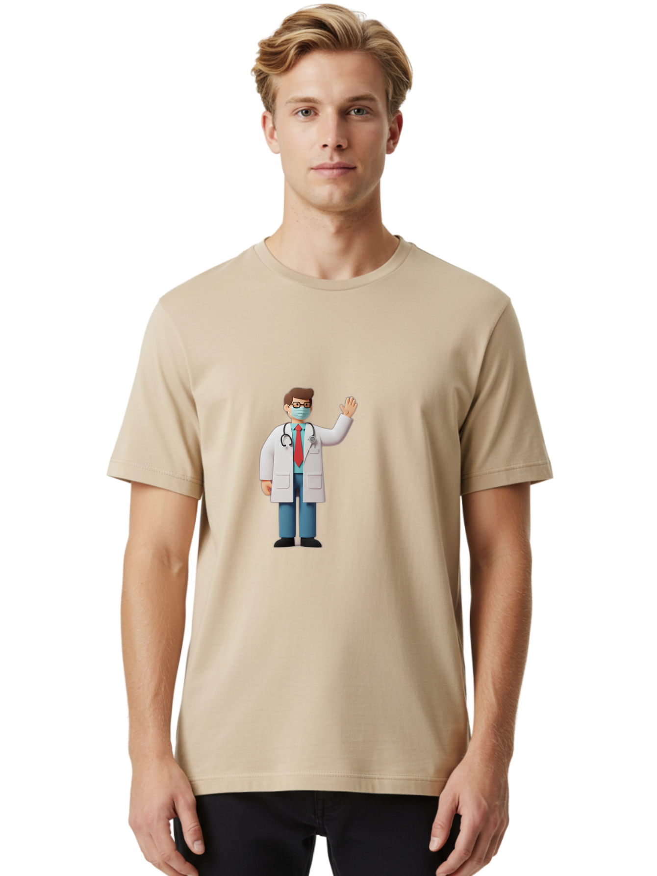 Doctor-Waving-3 Men'S Graphic Tee, 100% Cotton, Comfortable Casual Summer Wear, Machine Washable, Doctor Wearing A Mask, Waving Hand, Medical Professional, Healthcare Worker, Stethoscope Around Neck, Friendly Gesture, Cartoon Style, Baa486