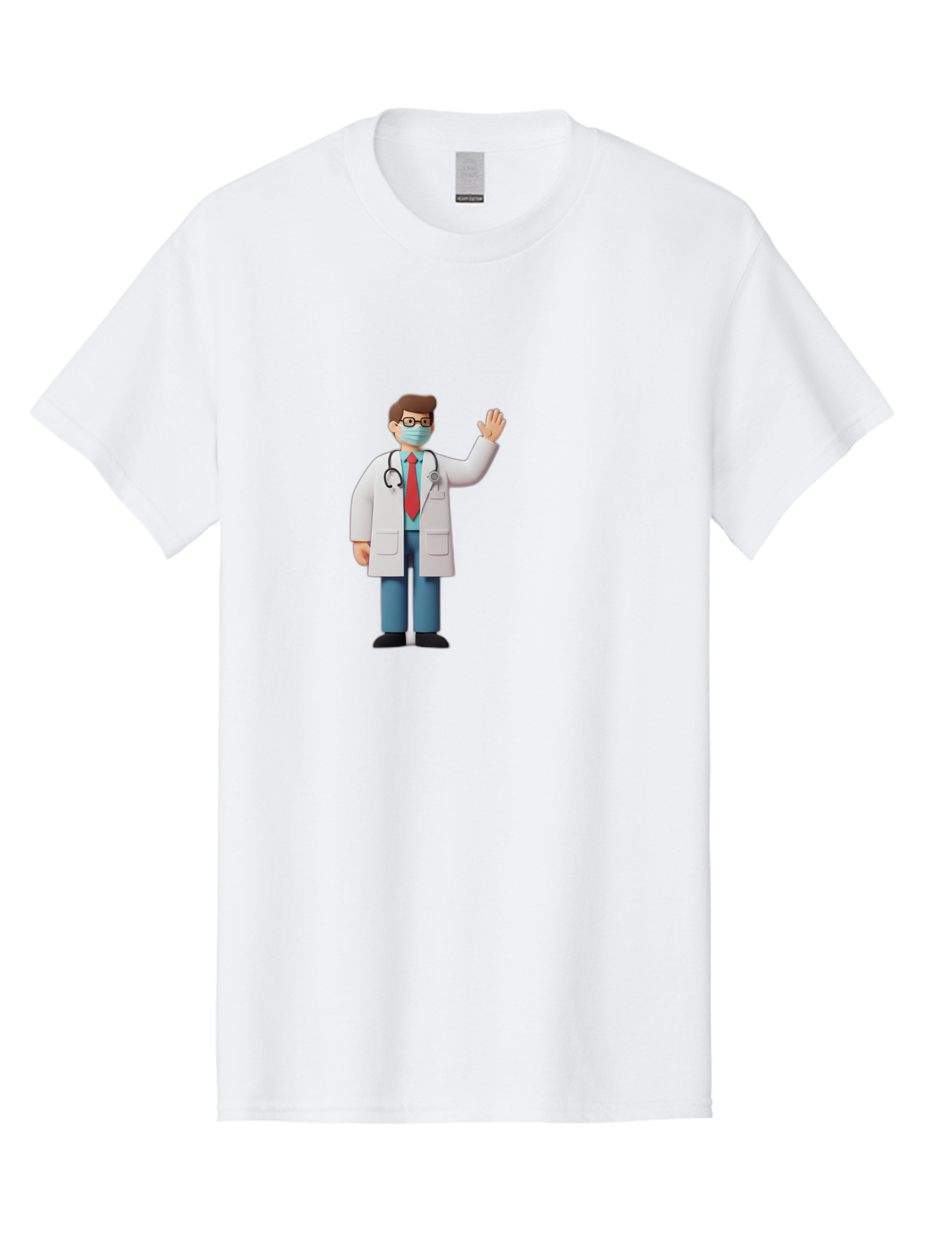 Doctor-Waving-3 Men'S Graphic Tee, 100% Cotton, Comfortable Casual Summer Wear, Machine Washable, Doctor Wearing A Mask, Waving Hand, Medical Professional, Healthcare Worker, Stethoscope Around Neck, Friendly Gesture, Cartoon Style, Baa486