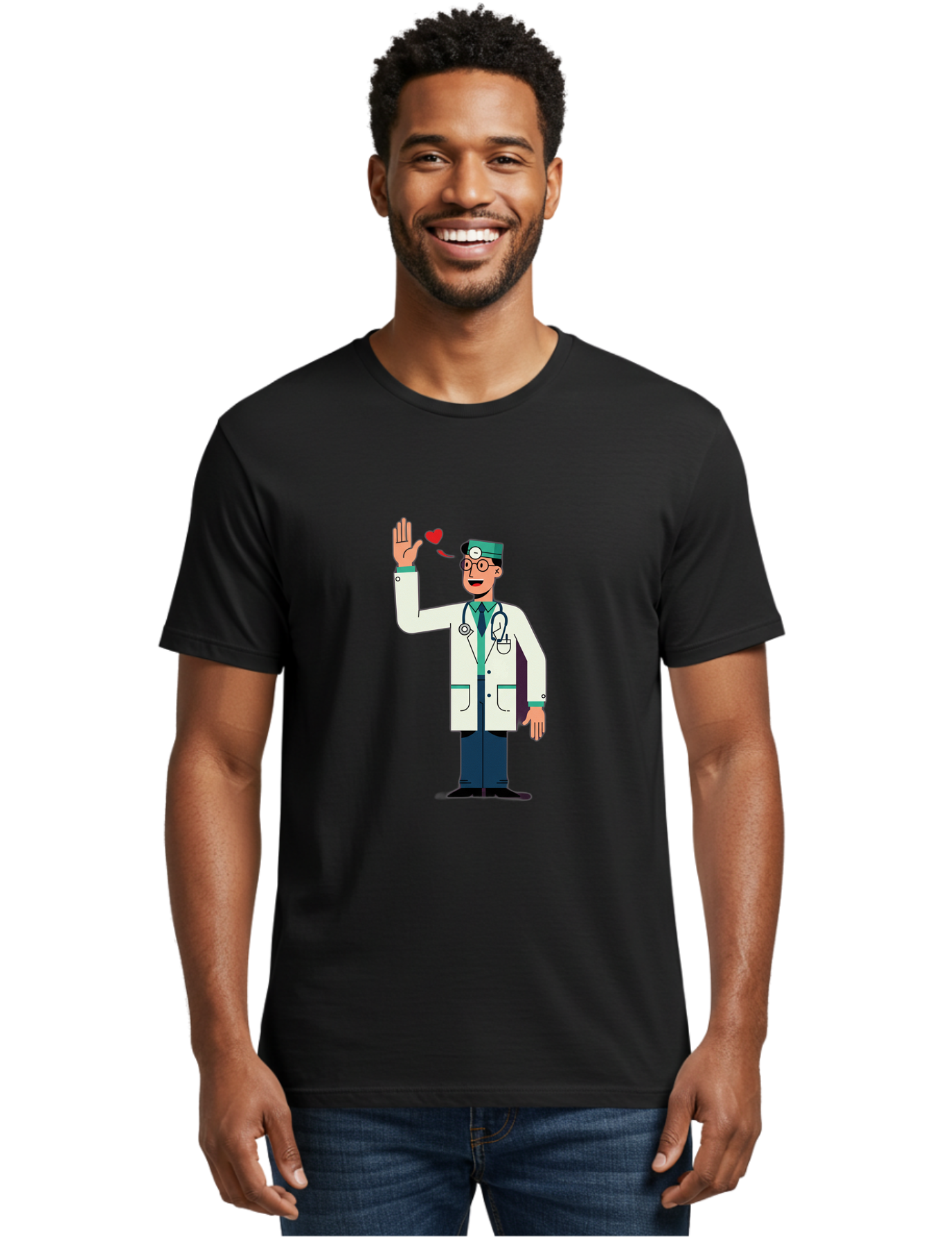 Doctor-Waving-4 Men'S Graphic Tee, 100% Cotton, Comfortable Casual Summer Wear, Machine Washable, Cartoon Doctor, Medical Professional, Friendly Doctor, Stethoscope Around Neck, Waving Hand, Heart Symbol, Welcoming Gesture, Medical Care, Baa487