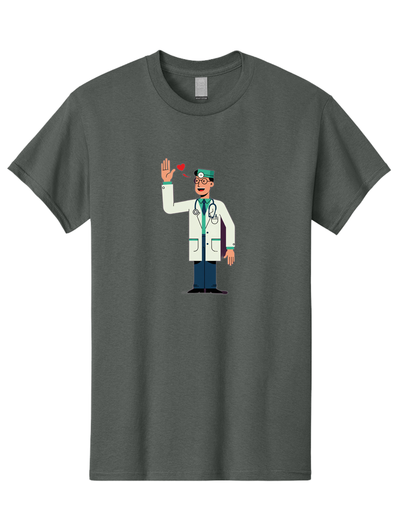 Doctor-Waving-4 Men'S Graphic Tee, 100% Cotton, Comfortable Casual Summer Wear, Machine Washable, Cartoon Doctor, Medical Professional, Friendly Doctor, Stethoscope Around Neck, Waving Hand, Heart Symbol, Welcoming Gesture, Medical Care, Baa487