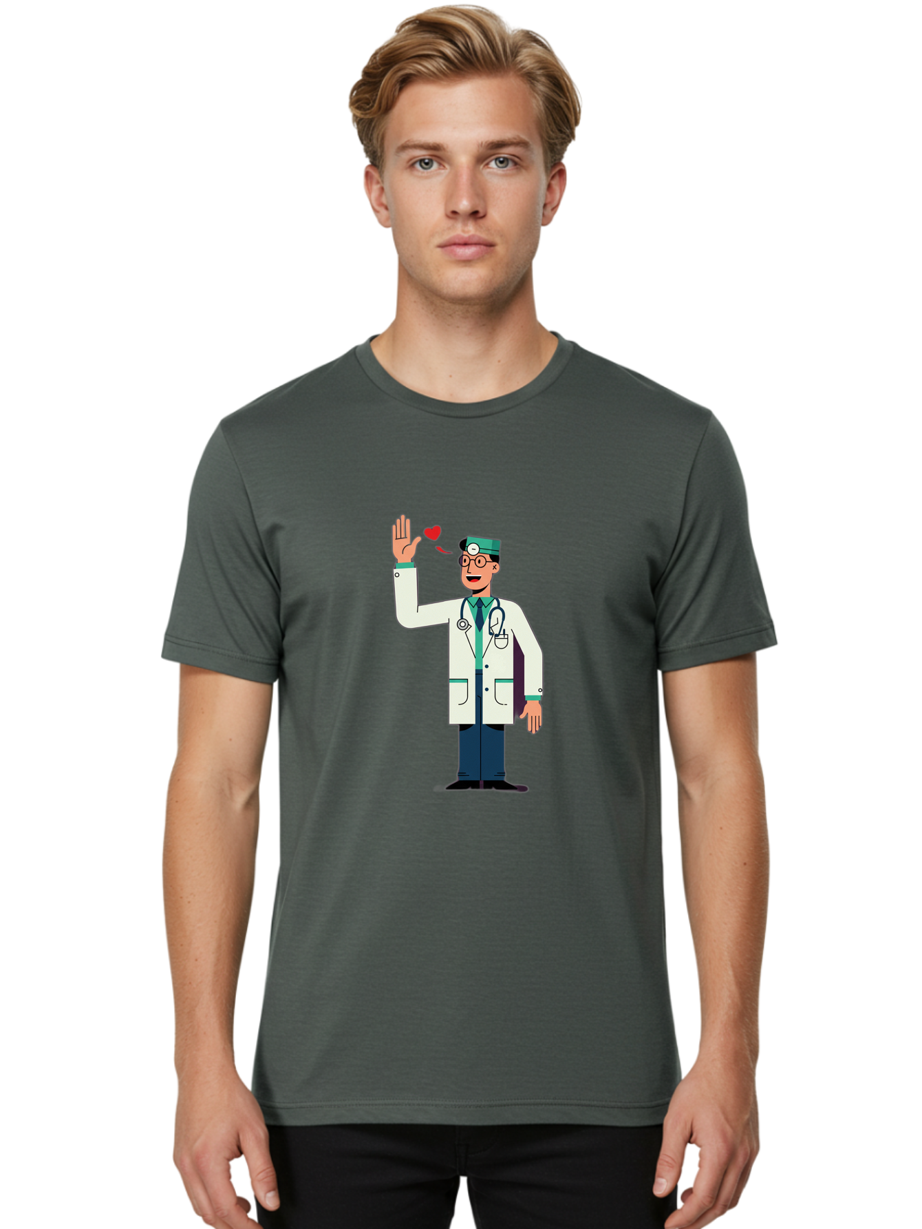 Doctor-Waving-4 Men'S Graphic Tee, 100% Cotton, Comfortable Casual Summer Wear, Machine Washable, Cartoon Doctor, Medical Professional, Friendly Doctor, Stethoscope Around Neck, Waving Hand, Heart Symbol, Welcoming Gesture, Medical Care, Baa487