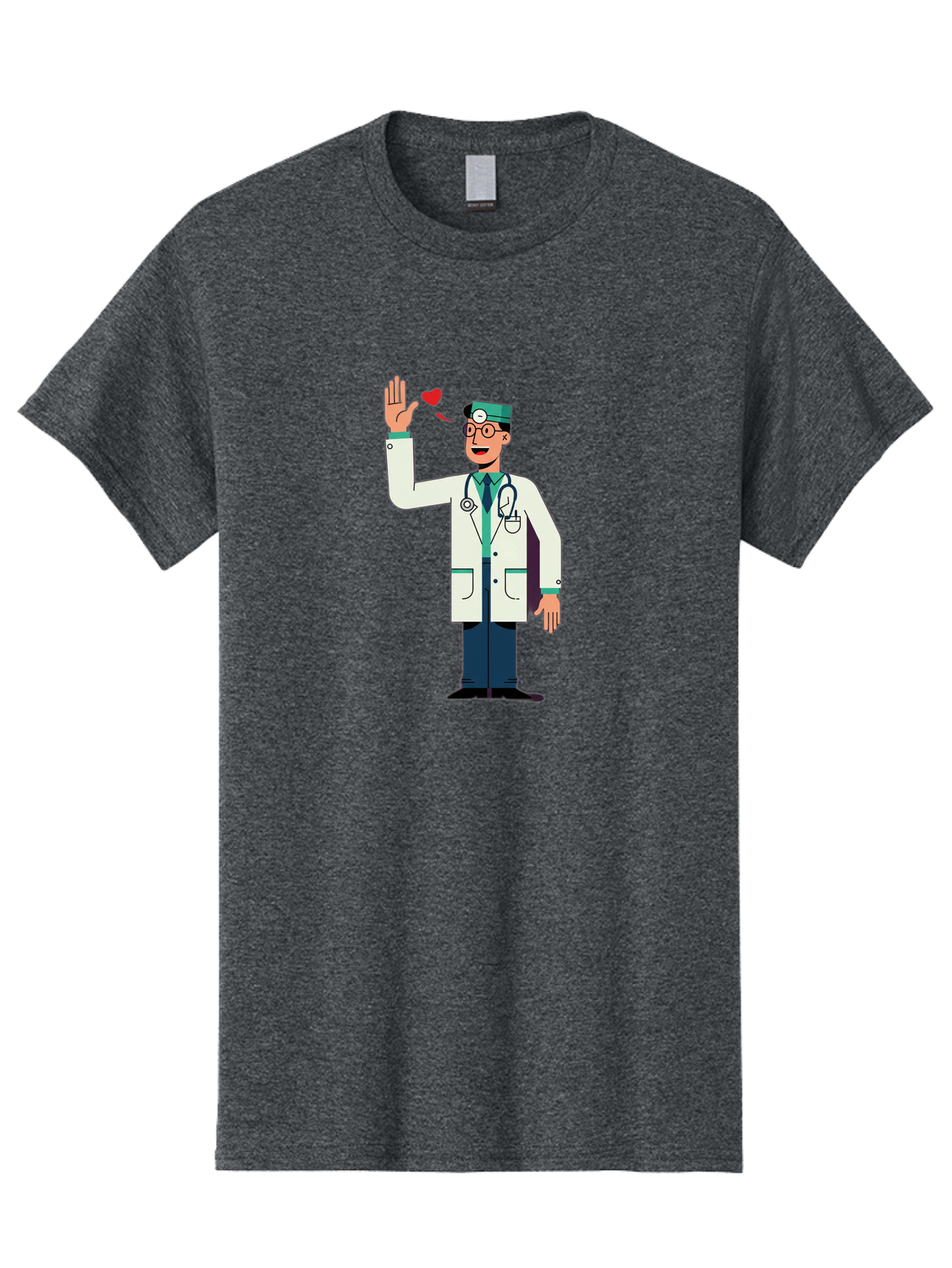 Doctor-Waving-4 Men'S Graphic Tee, 100% Cotton, Comfortable Casual Summer Wear, Machine Washable, Cartoon Doctor, Medical Professional, Friendly Doctor, Stethoscope Around Neck, Waving Hand, Heart Symbol, Welcoming Gesture, Medical Care, Baa487