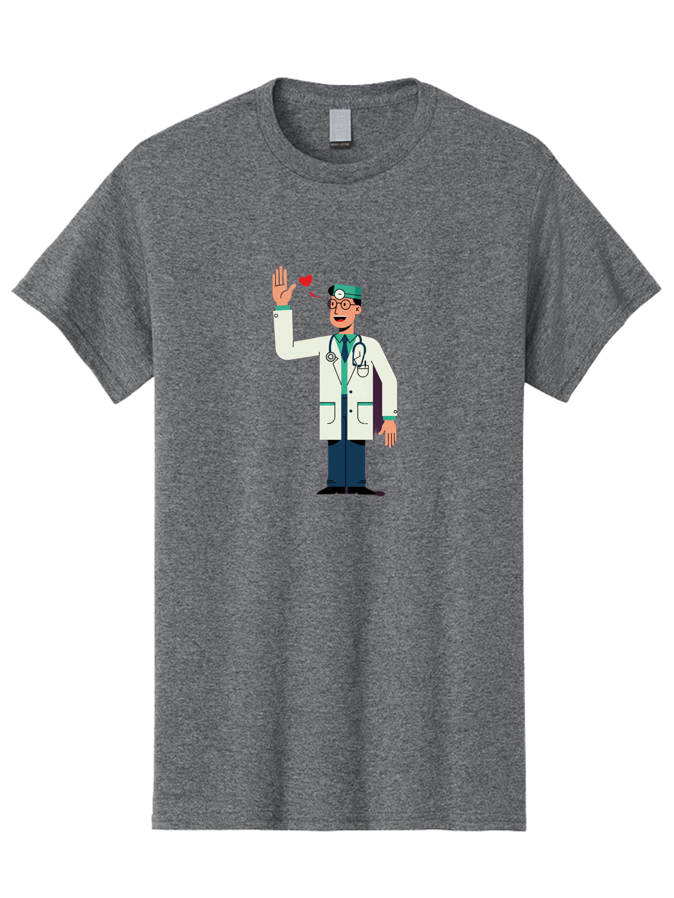 Doctor-Waving-4 Men'S Graphic Tee, 100% Cotton, Comfortable Casual Summer Wear, Machine Washable, Cartoon Doctor, Medical Professional, Friendly Doctor, Stethoscope Around Neck, Waving Hand, Heart Symbol, Welcoming Gesture, Medical Care, Baa487