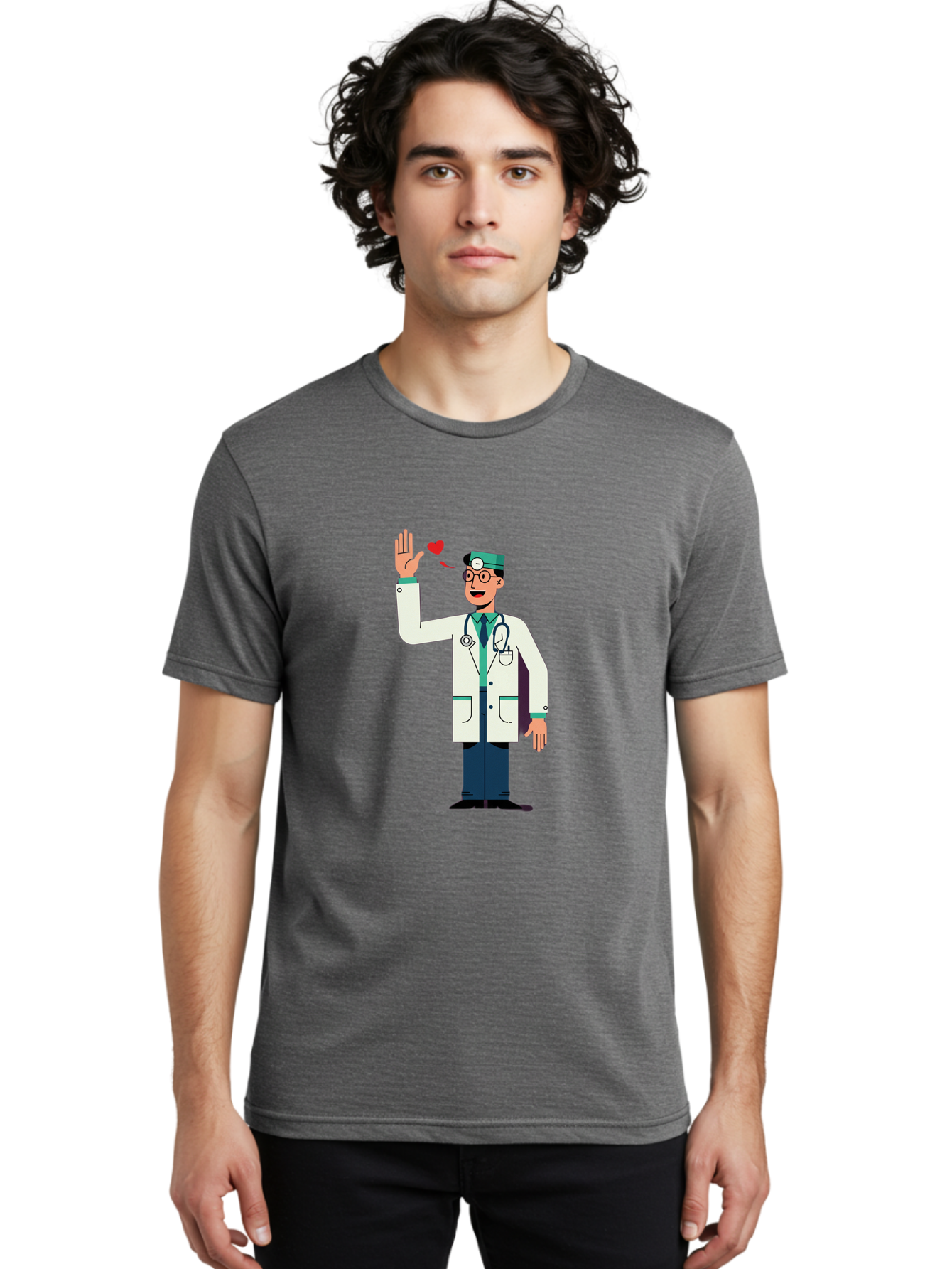 Doctor-Waving-4 Men'S Graphic Tee, 100% Cotton, Comfortable Casual Summer Wear, Machine Washable, Cartoon Doctor, Medical Professional, Friendly Doctor, Stethoscope Around Neck, Waving Hand, Heart Symbol, Welcoming Gesture, Medical Care, Baa487