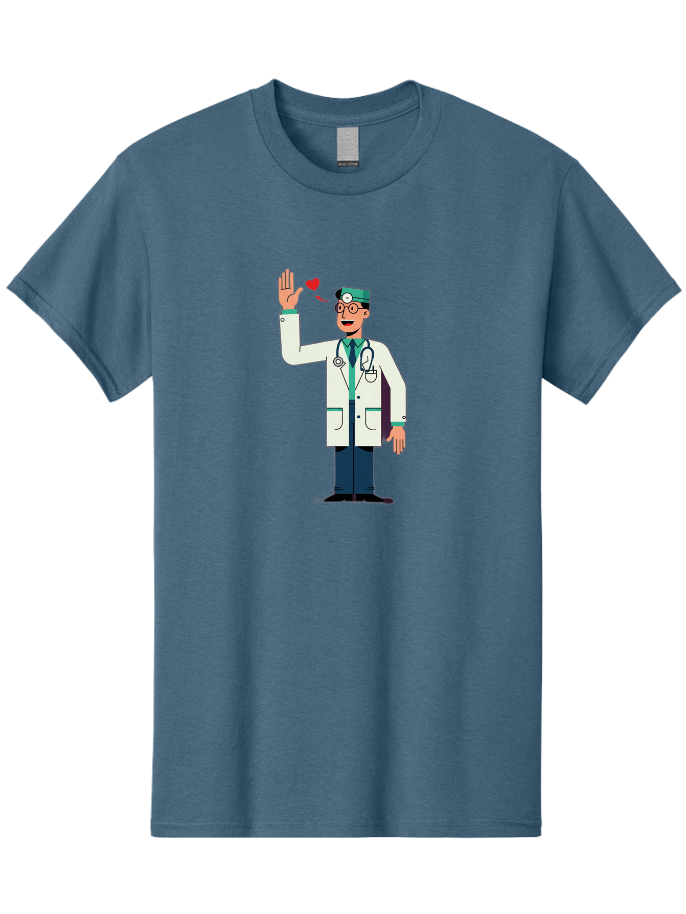 Doctor-Waving-4 Men'S Graphic Tee, 100% Cotton, Comfortable Casual Summer Wear, Machine Washable, Cartoon Doctor, Medical Professional, Friendly Doctor, Stethoscope Around Neck, Waving Hand, Heart Symbol, Welcoming Gesture, Medical Care, Baa487