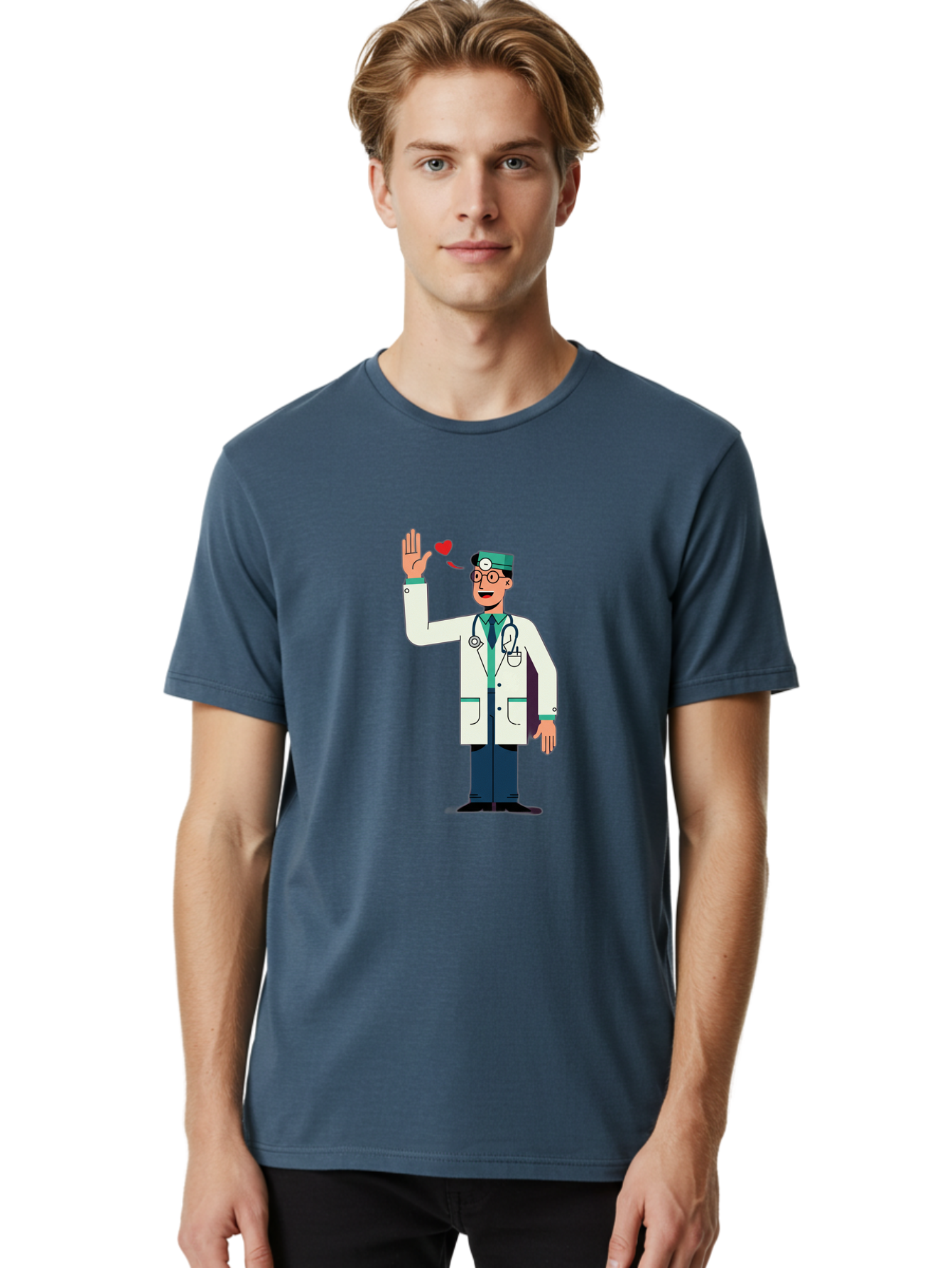 Doctor-Waving-4 Men'S Graphic Tee, 100% Cotton, Comfortable Casual Summer Wear, Machine Washable, Cartoon Doctor, Medical Professional, Friendly Doctor, Stethoscope Around Neck, Waving Hand, Heart Symbol, Welcoming Gesture, Medical Care, Baa487