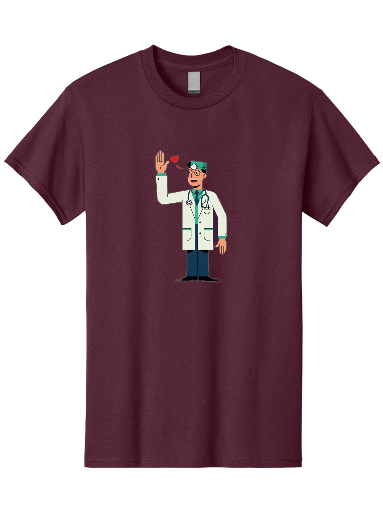 Doctor-Waving-4 Men'S Graphic Tee, 100% Cotton, Comfortable Casual Summer Wear, Machine Washable, Cartoon Doctor, Medical Professional, Friendly Doctor, Stethoscope Around Neck, Waving Hand, Heart Symbol, Welcoming Gesture, Medical Care, Baa487