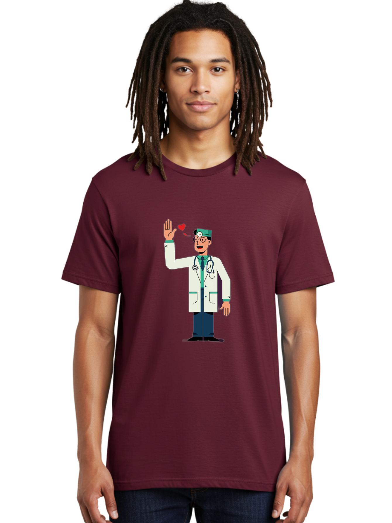 Doctor-Waving-4 Men'S Graphic Tee, 100% Cotton, Comfortable Casual Summer Wear, Machine Washable, Cartoon Doctor, Medical Professional, Friendly Doctor, Stethoscope Around Neck, Waving Hand, Heart Symbol, Welcoming Gesture, Medical Care, Baa487