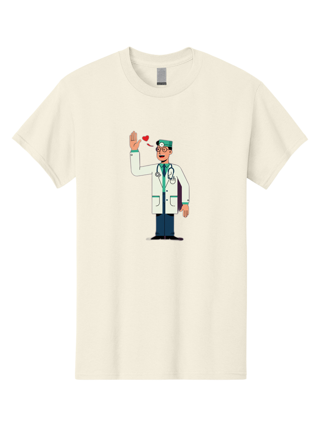 Doctor-Waving-4 Men'S Graphic Tee, 100% Cotton, Comfortable Casual Summer Wear, Machine Washable, Cartoon Doctor, Medical Professional, Friendly Doctor, Stethoscope Around Neck, Waving Hand, Heart Symbol, Welcoming Gesture, Medical Care, Baa487