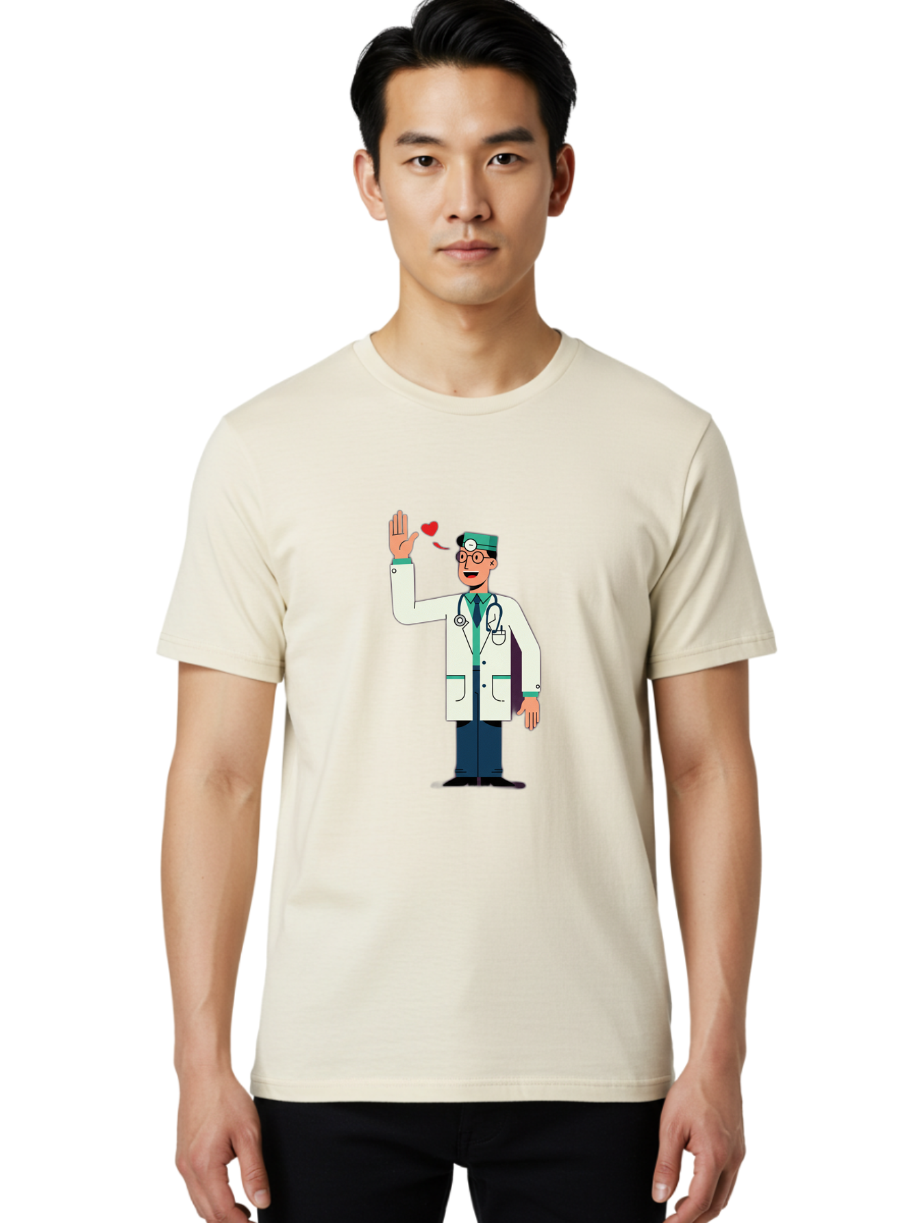 Doctor-Waving-4 Men'S Graphic Tee, 100% Cotton, Comfortable Casual Summer Wear, Machine Washable, Cartoon Doctor, Medical Professional, Friendly Doctor, Stethoscope Around Neck, Waving Hand, Heart Symbol, Welcoming Gesture, Medical Care, Baa487
