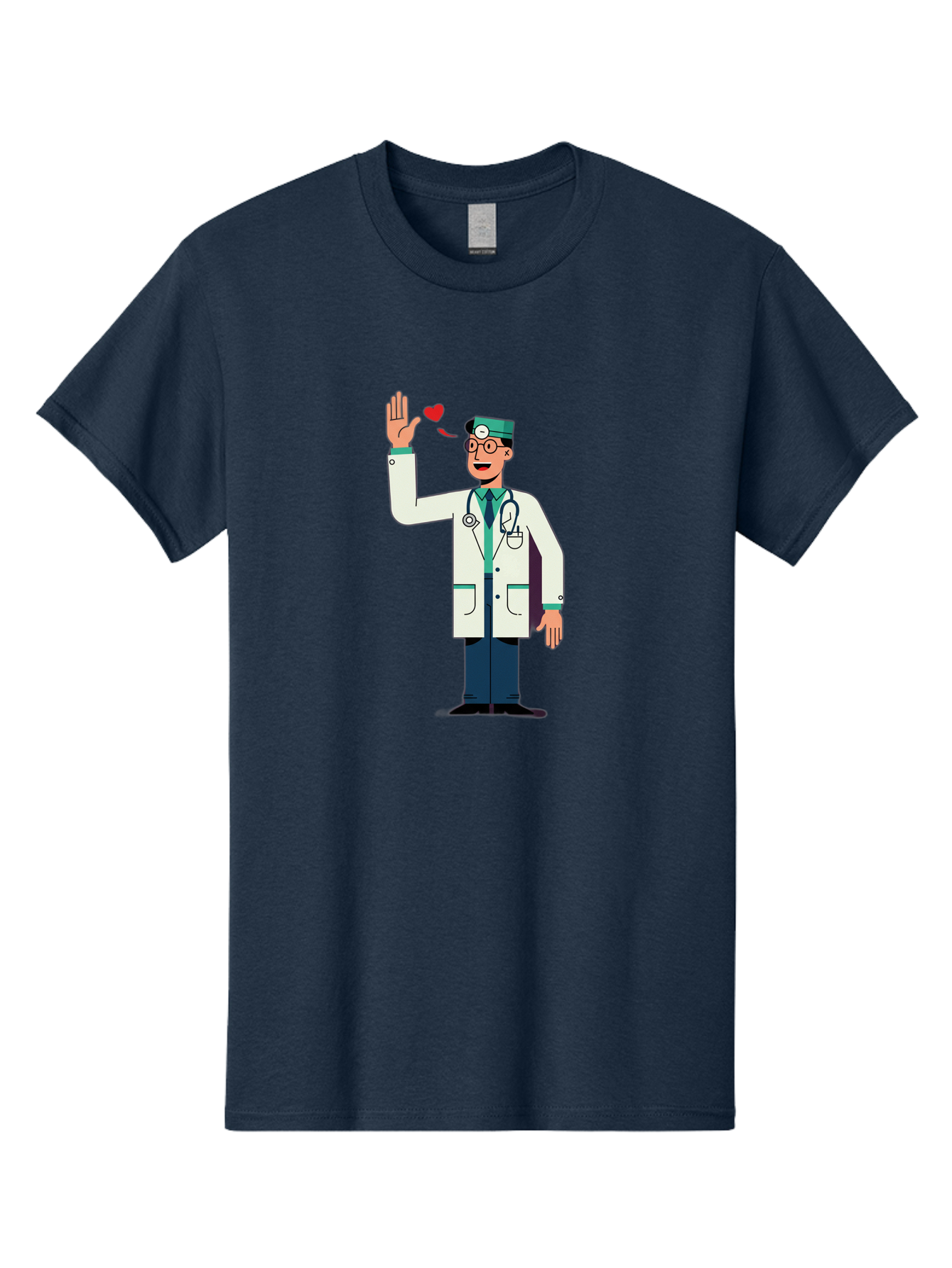 Doctor-Waving-4 Men'S Graphic Tee, 100% Cotton, Comfortable Casual Summer Wear, Machine Washable, Cartoon Doctor, Medical Professional, Friendly Doctor, Stethoscope Around Neck, Waving Hand, Heart Symbol, Welcoming Gesture, Medical Care, Baa487