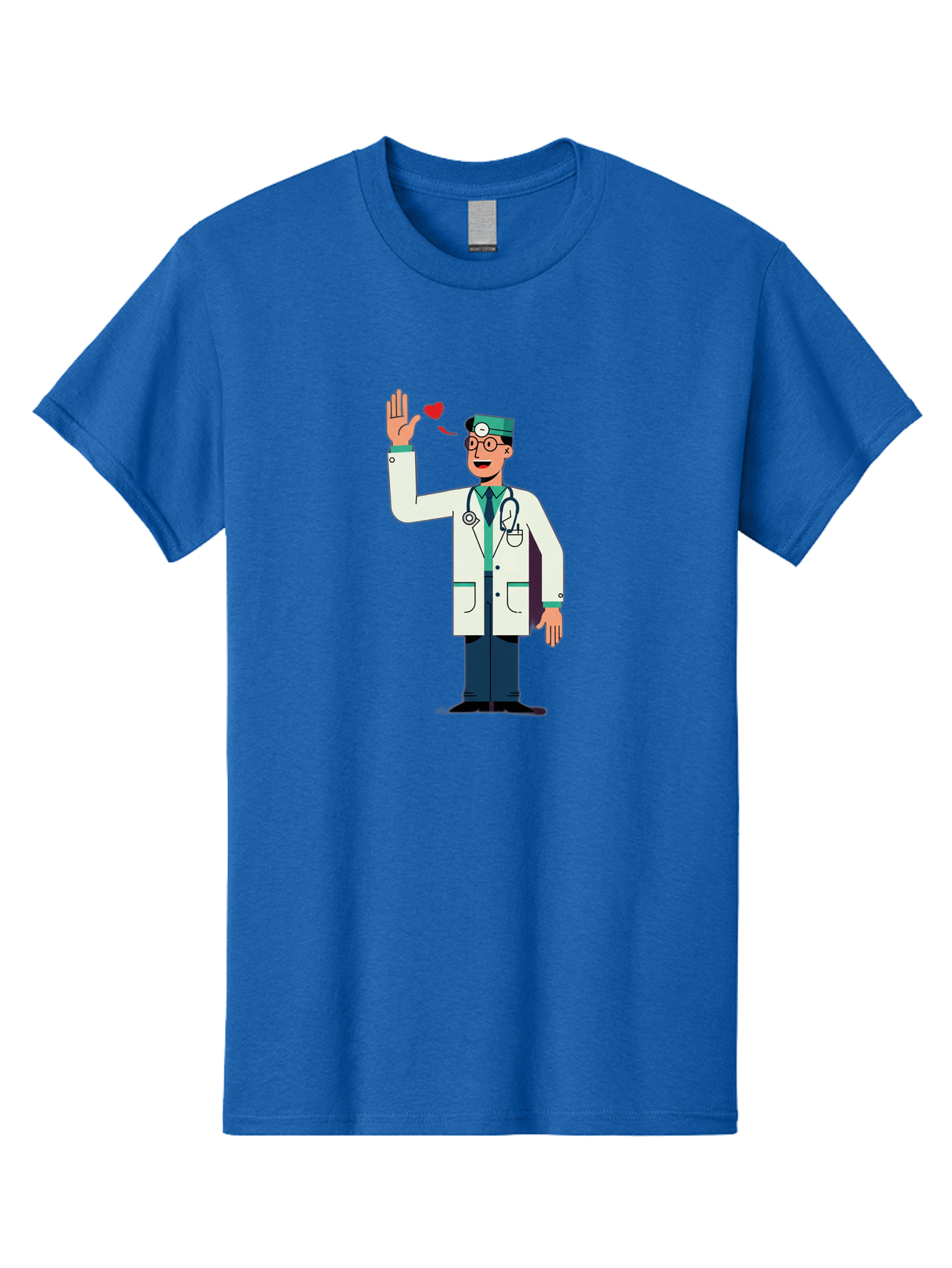 Doctor-Waving-4 Men'S Graphic Tee, 100% Cotton, Comfortable Casual Summer Wear, Machine Washable, Cartoon Doctor, Medical Professional, Friendly Doctor, Stethoscope Around Neck, Waving Hand, Heart Symbol, Welcoming Gesture, Medical Care, Baa487